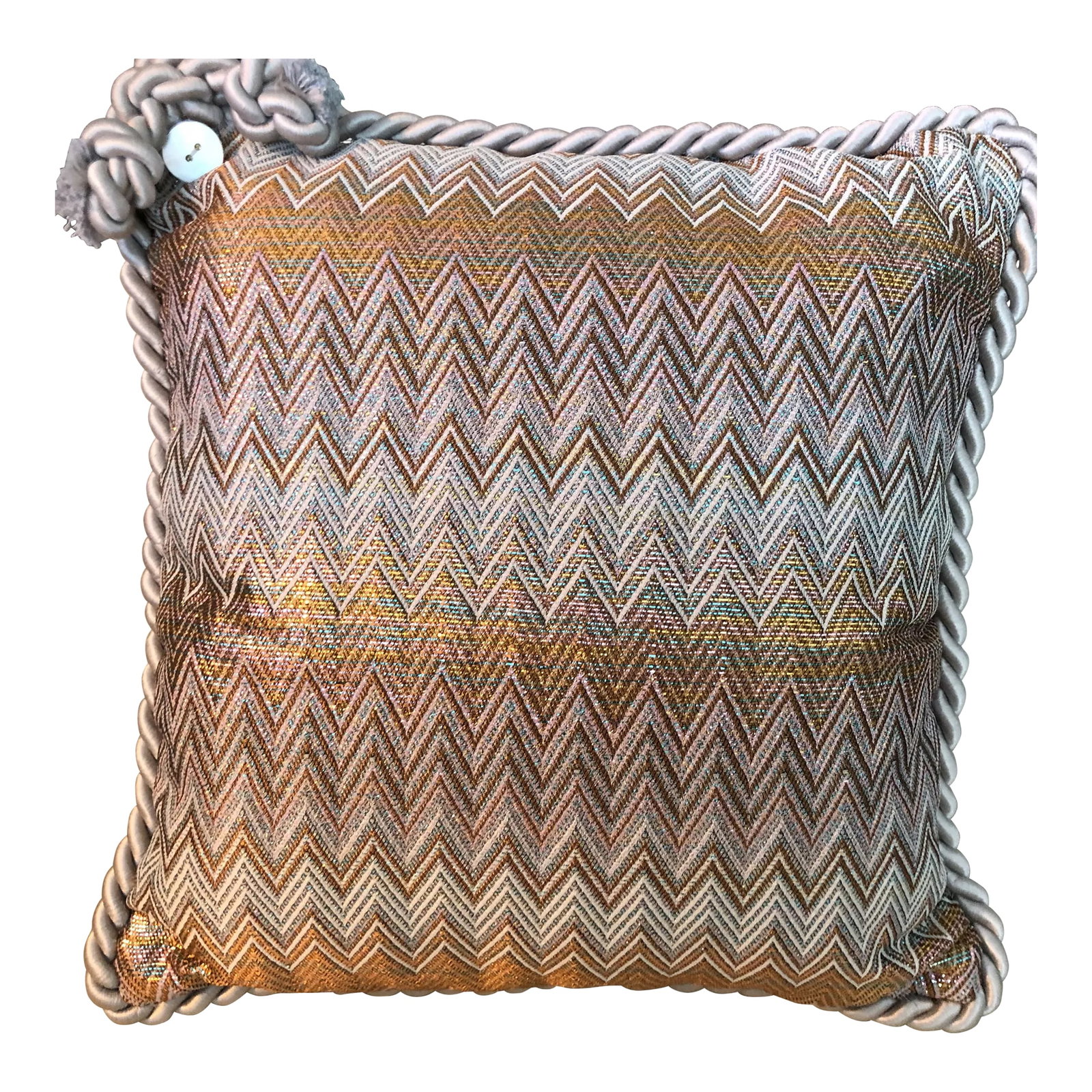 Pierre d'Argent Maison Missoni Metallica in Copper Accent Pillow: The finest silver, copper and creme metallic threads from Italy with a touch of iridescent are woven in the iconic chevron Missoni pattern into a spectacular designer fabric, for this exclusive