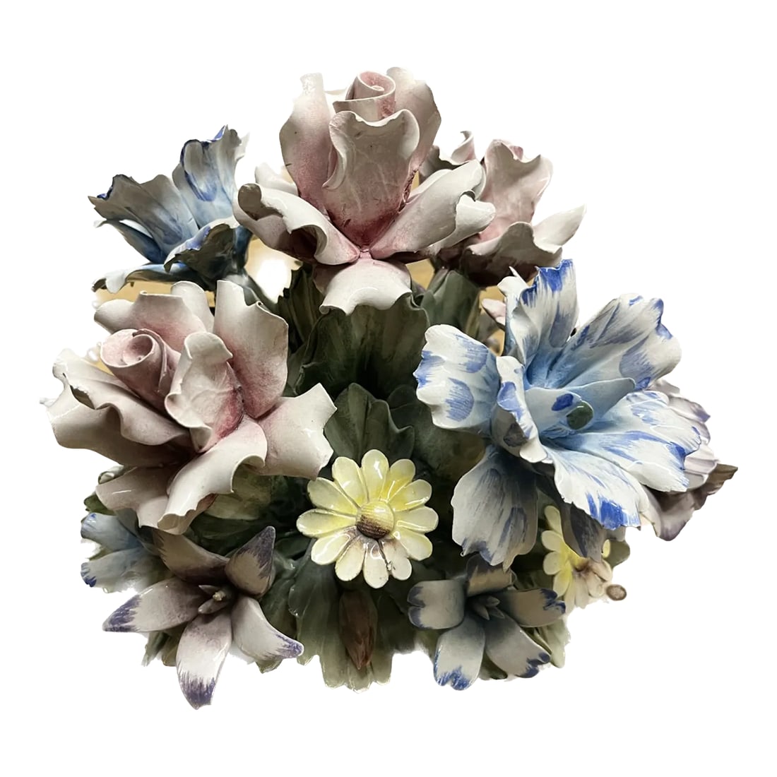 Capodimonte Basket of Flowers: Beautiful Porcelain Basket of Flowers Centerpiece. Marked Capodimonte. Made in Naples Italy. Condition: Alterations: Original Condition Unaltered Imperfections: Some Imperfections Condition Notes: