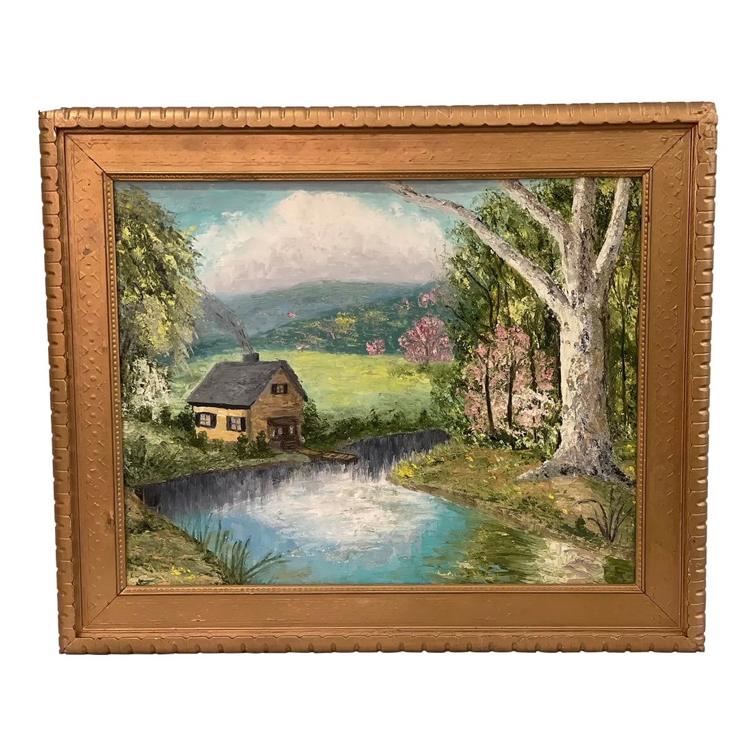 Vintage American Impressionist Original Oil Painting Pink Trees Lakeside Cottage Floral Forest: Absolutely Gorgeous with Beautiful Colors, Vintage American Impressionist Original Oil Painting. Features Pink Trees, a Lakeside Cottage with Dock, Rolling Hills in the Distance. Pretty Floral