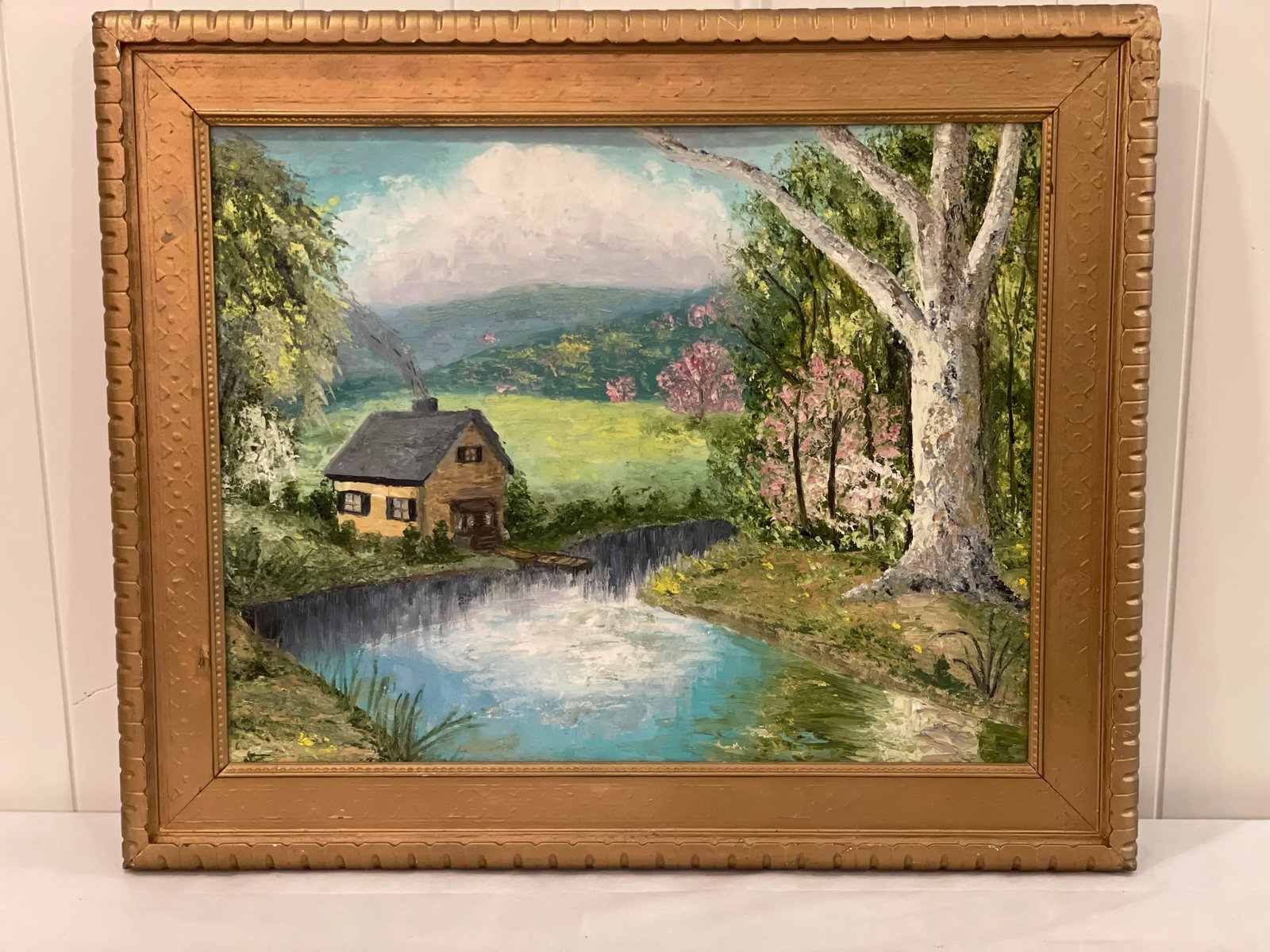 Vintage American Impressionist Original Oil Painting Pink Trees Lakeside Cottage Floral Forest - 2