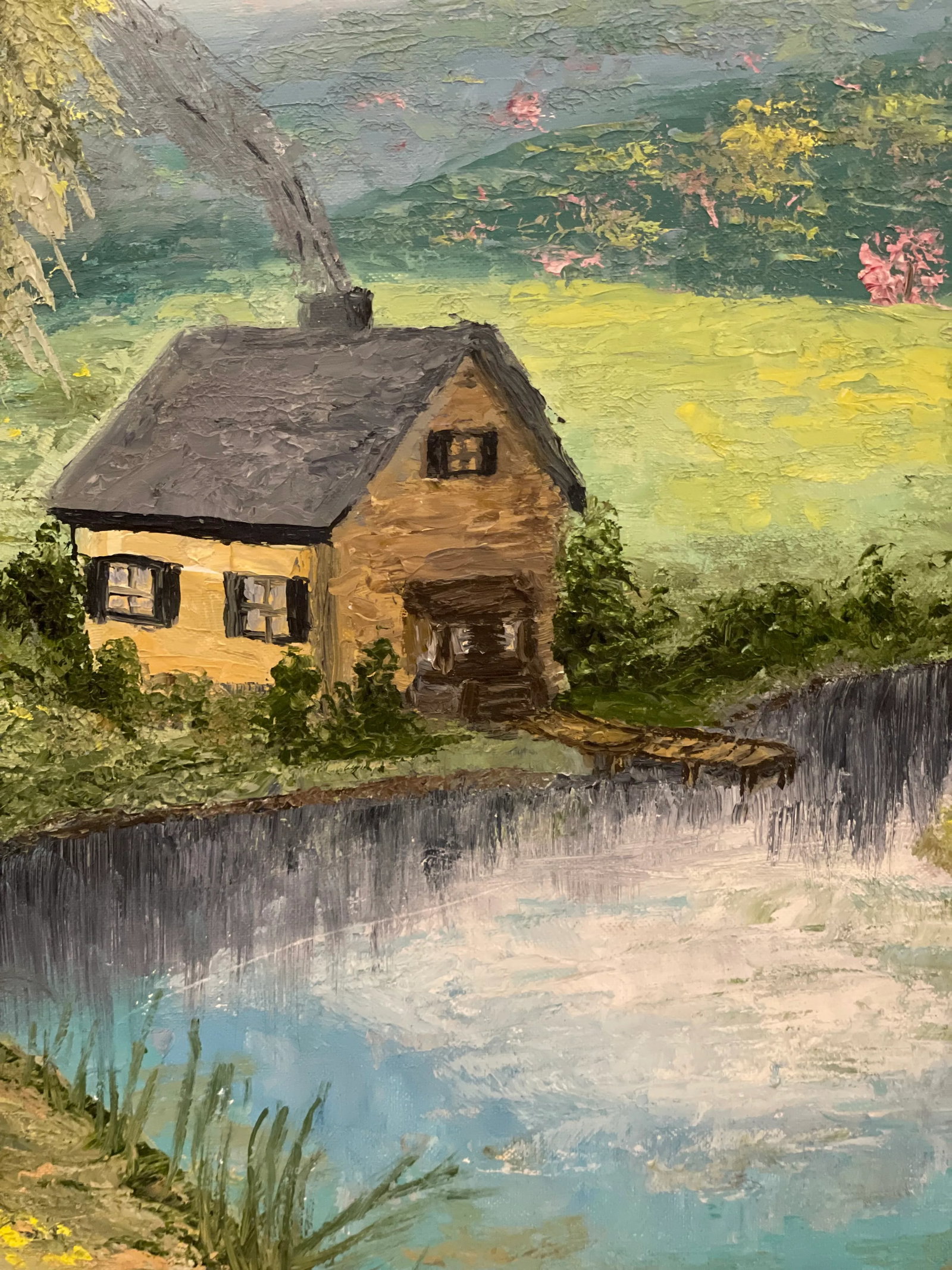 Vintage American Impressionist Original Oil Painting Pink Trees Lakeside Cottage Floral Forest - 3