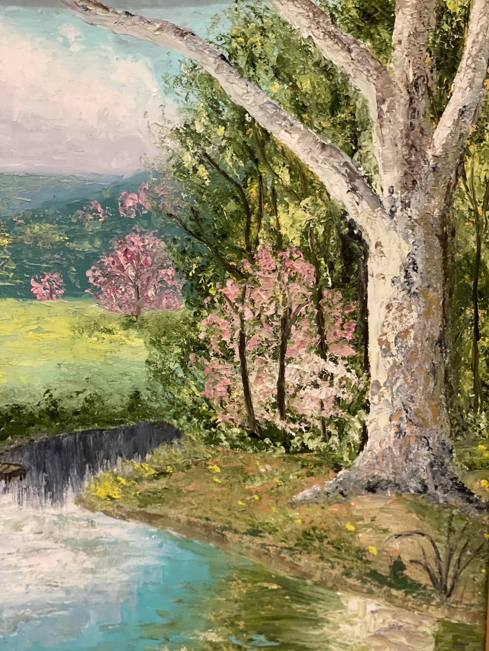 Vintage American Impressionist Original Oil Painting Pink Trees Lakeside Cottage Floral Forest - 4