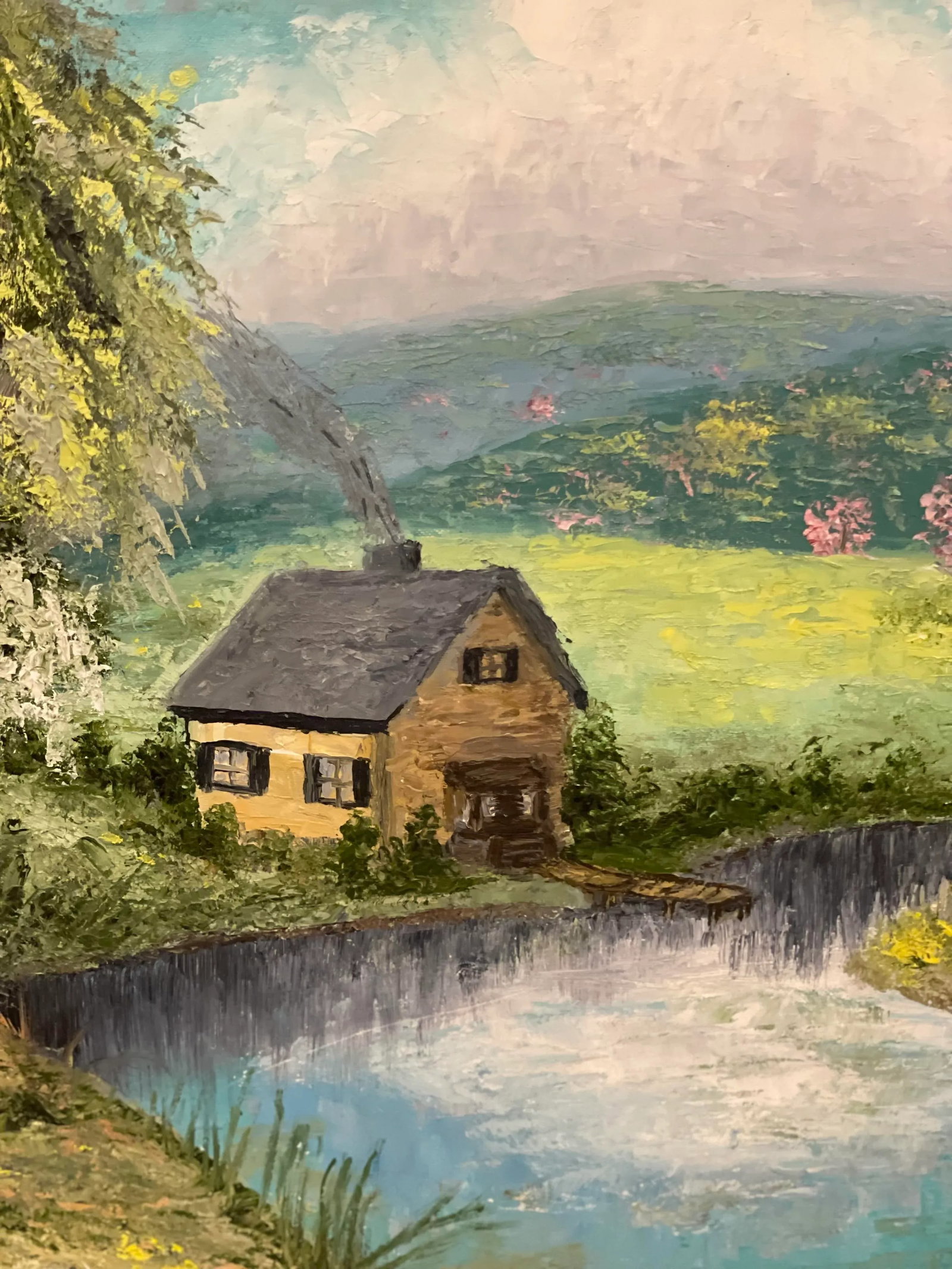 Vintage American Impressionist Original Oil Painting Pink Trees Lakeside Cottage Floral Forest - 5