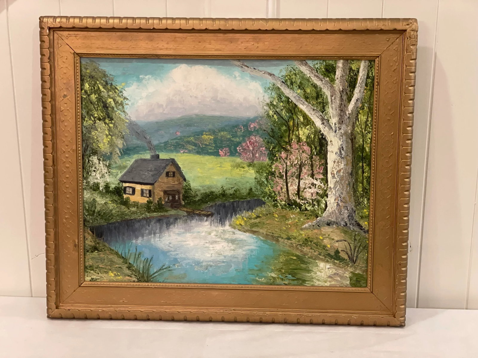 Vintage American Impressionist Original Oil Painting Pink Trees Lakeside Cottage Floral Forest - 9