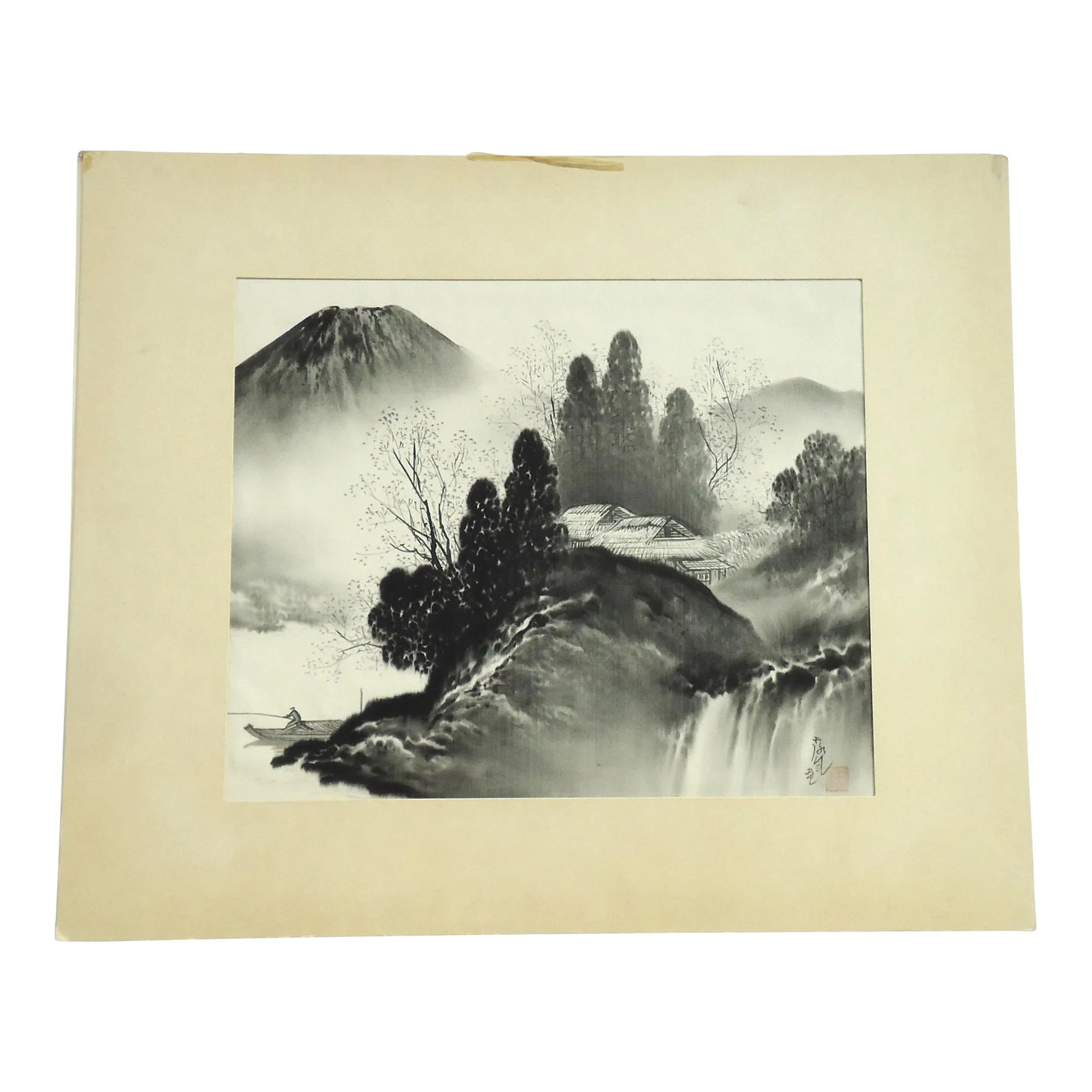 Black and White Japanese Landscape Painting on Silk: A vintage black and white Japanese painting of a landscape on silk. Appears to be a mid century era painting. This is matted but not framed. Matted size approximately 24" x 20" , sight size