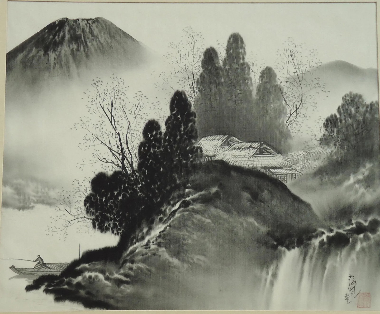 Black and White Japanese Landscape Painting on Silk - 2