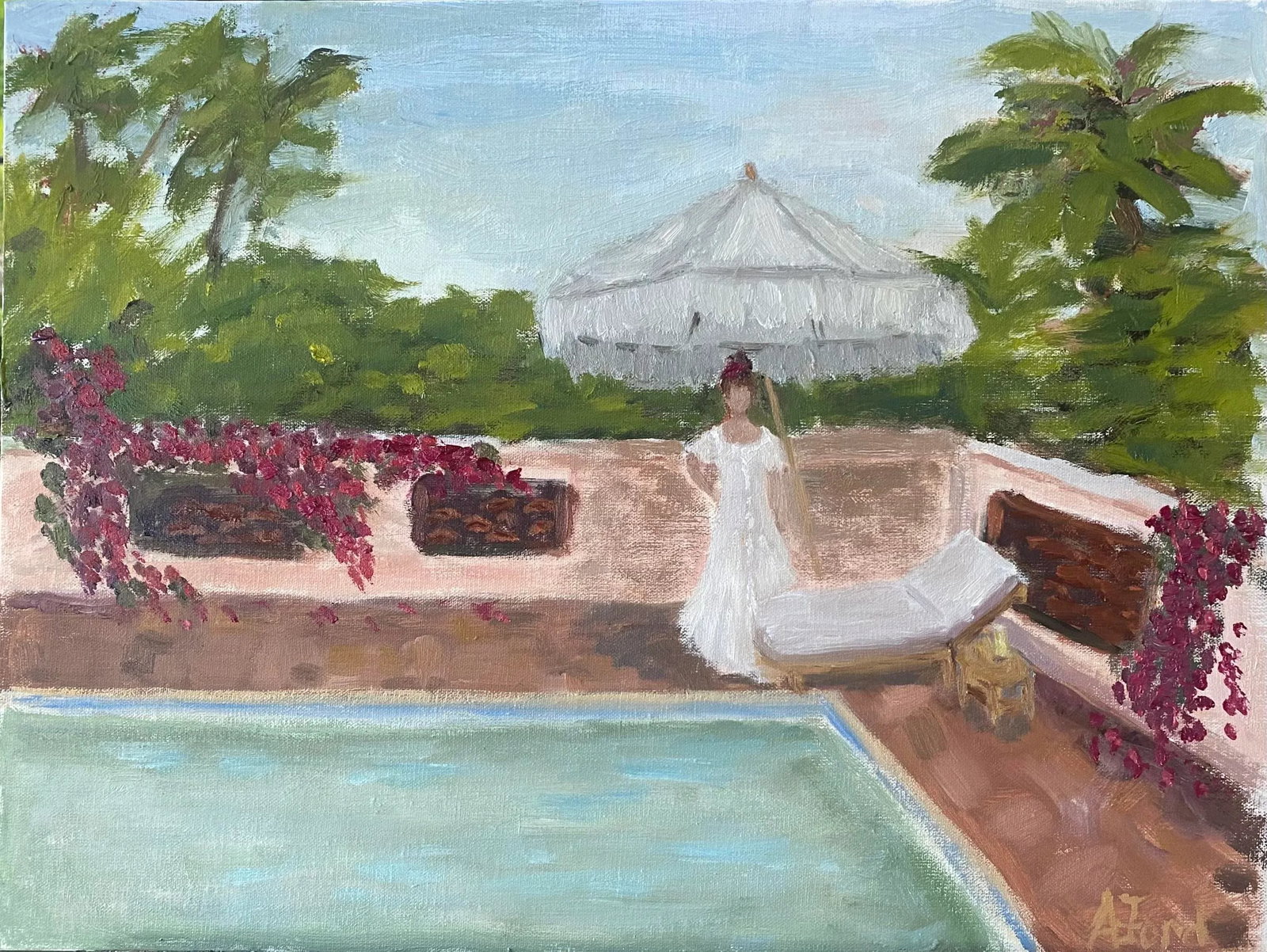Poolside by Alice Ford: Poolside by Alice Ford. Inspired by the pool at The Colony Hotel in Palm Beach. Tropical trees and pink bougainvillea with pale aqua water. Oil on linen panel. Condition: Imperfections: No