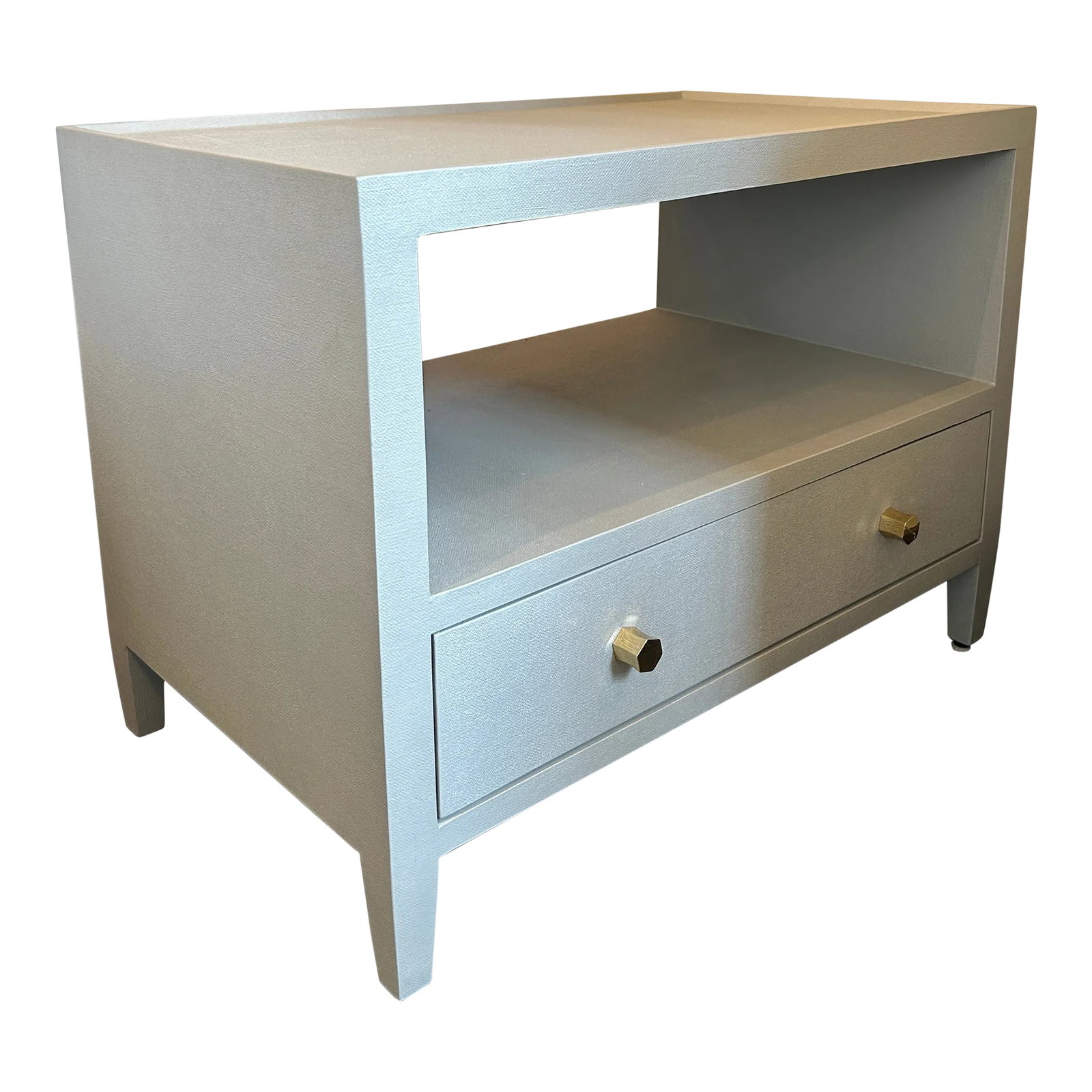 Made Goods Jarin Low Nightstand: Made Goods Jarin Low Nightstand in light grey faux Belgian linen with brass hexagon knobs. Curated by Arden Home. Reg $2050, Now $1200 Condition: Alterations: Original Condition Unaltered Imperfection