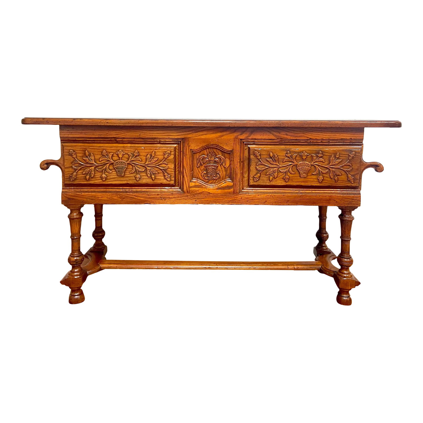 1970s Vintage John Widdicomb Jacobean Carved Sideboard Cabinet Console Table 2 Sliding Doors: This is a rare Jacobean style John Widdicomb Co. sideboard console table. It appears to be made out of Maple wood, and has carvings in a Scandinavian or English Tudor style. It has ornate floral carvi