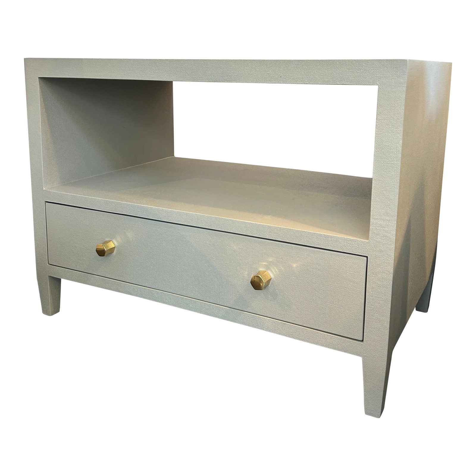 Made Goods Jarin Low Nightstand: Made Goods Jarin Low Nightstand in light grey faux Belgian linen with brass hexagon knobs. Curated by Arden Home. Reg $2050, Now $600 Condition: Alterations: Original Condition Unaltered Imperfections