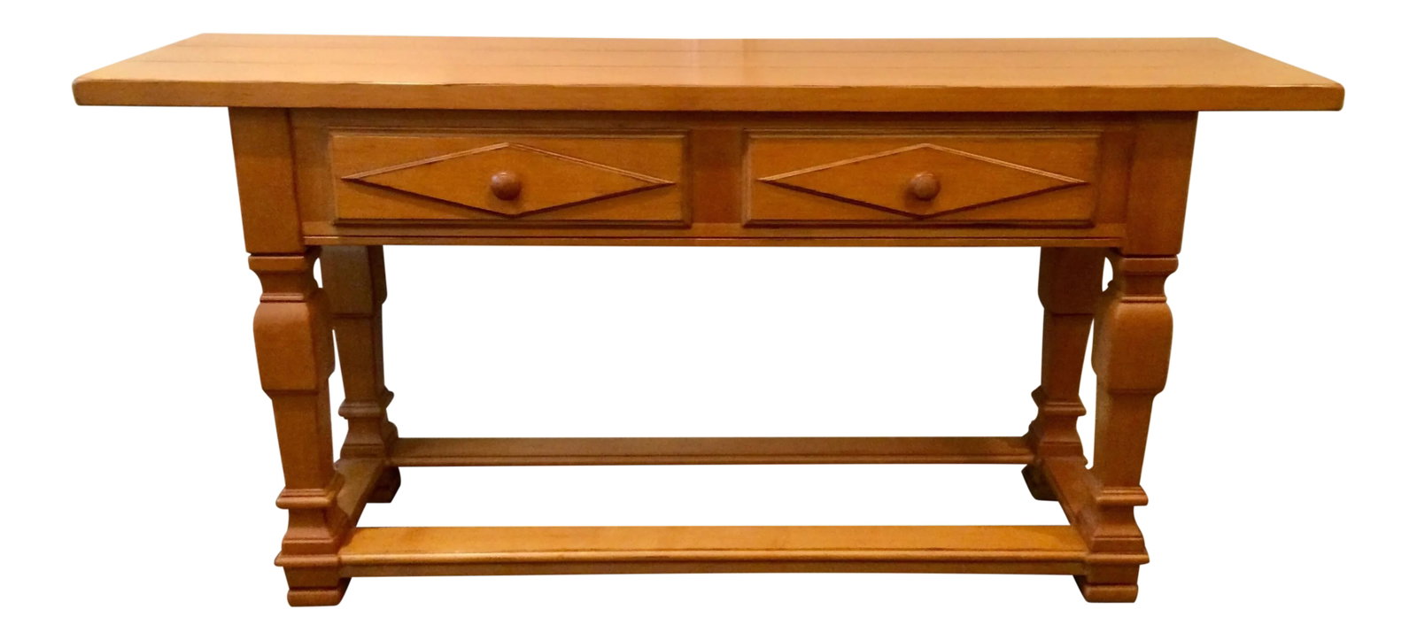 Drexel Traditional Maple Console: Part of the American Themes collection with maple wood and distressed honey satin finish. The piece has two wide pullout drawers and gorgeous accent details - a real statement piece. Perfect on a
