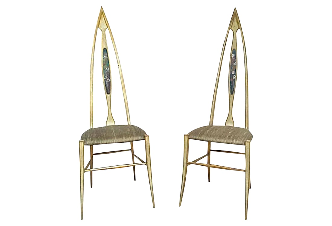 1960s Vintage Abstract Italian Chairs- A Pair: Pair of Mid-Century Modern abstract Florentine-style chairs with stylized gothic arched backrests and saber legs. Hand-painted abstract oil floral at the center of the backrest. Upholstered faille sea