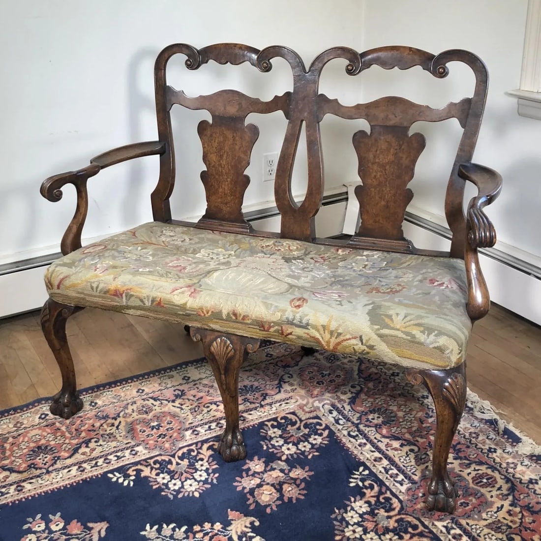 1940s Vintage Antique-Style English Chippendale Double-Chair Settee - 2