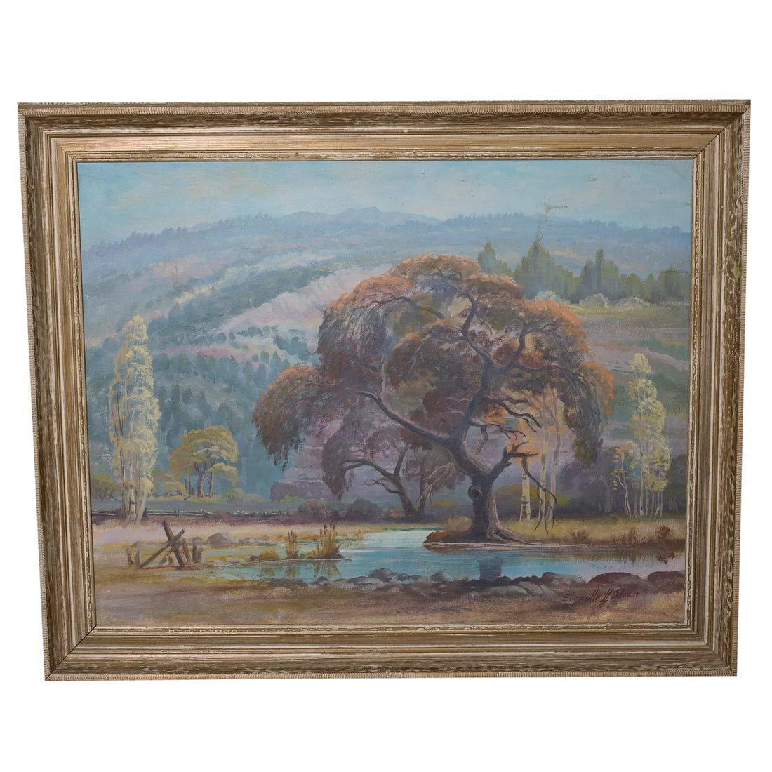 Mid 20th Century Vintage Landscape Trees & Mountains Oil Painting by Everett H. Sloan: A finely painted mid 20th century landscape by Everett H. Sloan. He was born in New Mexico and settled in Salem, Oregon 20th Century, considered a Western painter. Condition is excellent. Site size: H