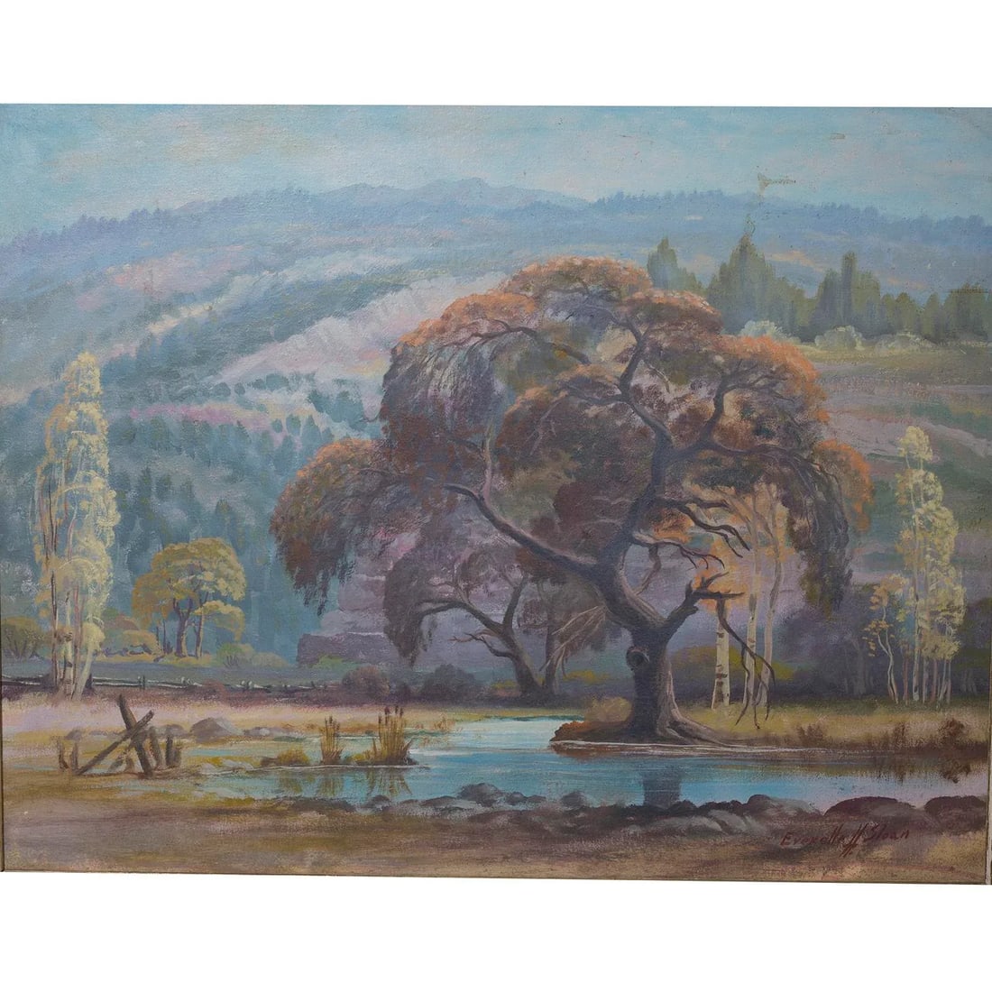 Mid 20th Century Vintage Landscape Trees & Mountains Oil Painting by Everett H. Sloan - 2