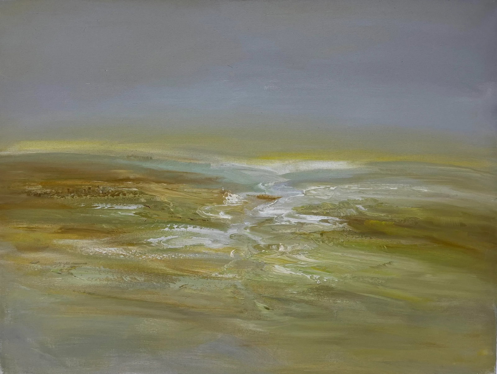 Contemporary Abstract Original Oil Painting: A beautiful contemporary abstract original oil painting on canvas, featuring soft layers of muted greens, ochre, ivory, and hints of gray-blue. Gentle, flowing brushstrokes create a sense of movement