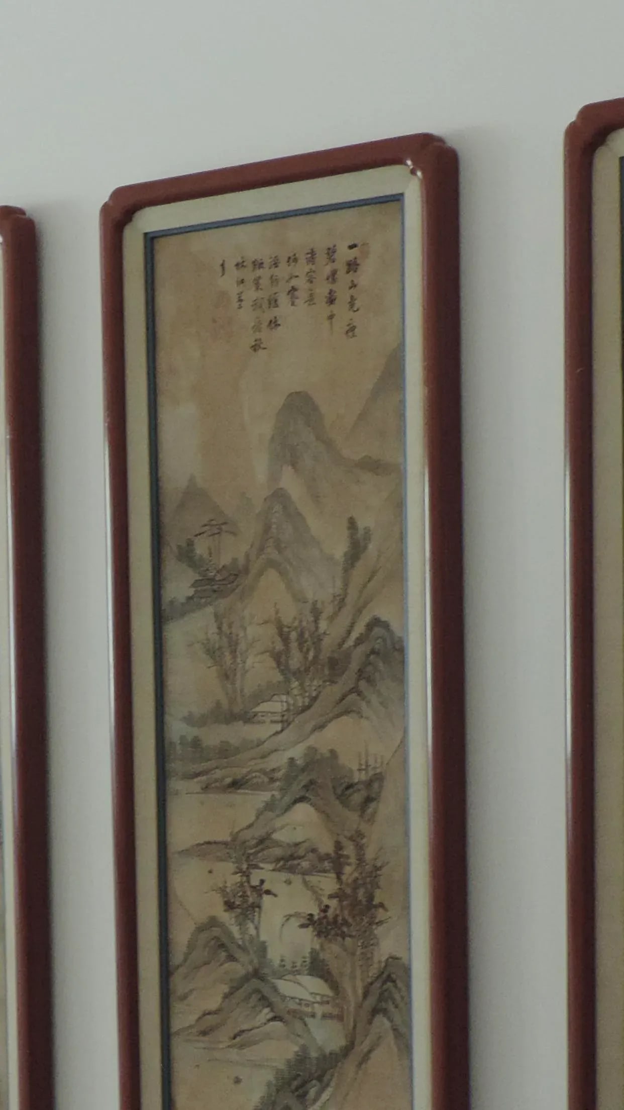 Red Lacquer Framed Chinese Landscape Silk Panels - Set of 8 - 11
