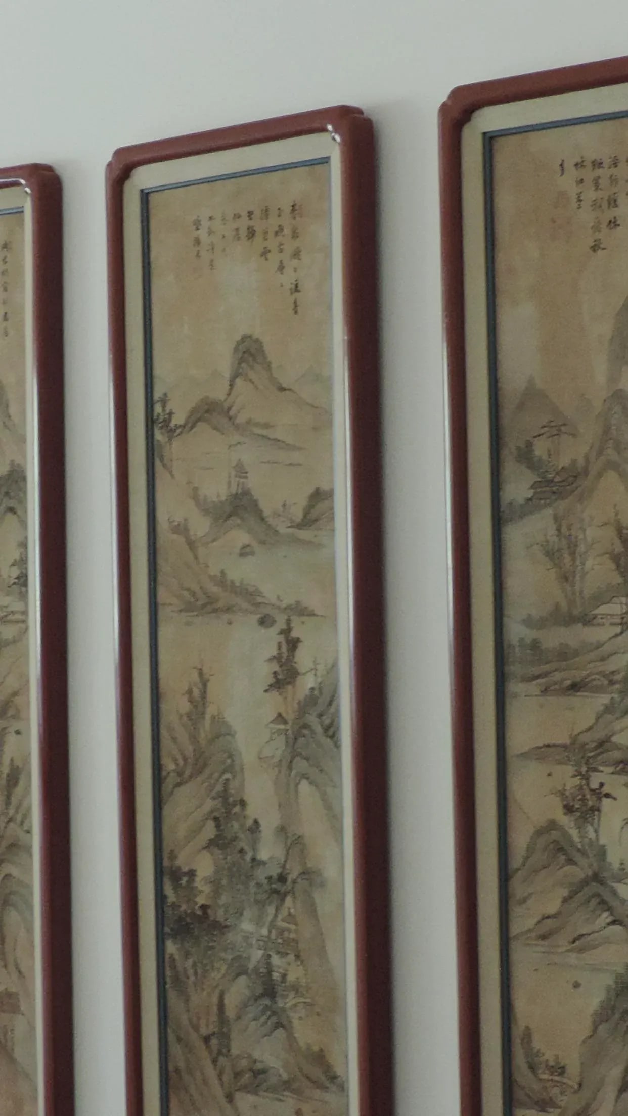 Red Lacquer Framed Chinese Landscape Silk Panels - Set of 8 - 12