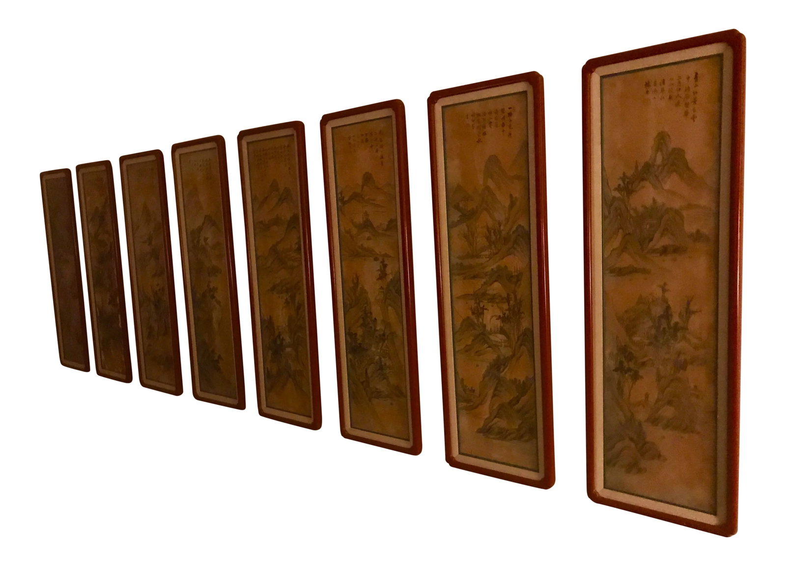Red Lacquer Framed Chinese Landscape Silk Panels - Set of 8 (1 of 12)
