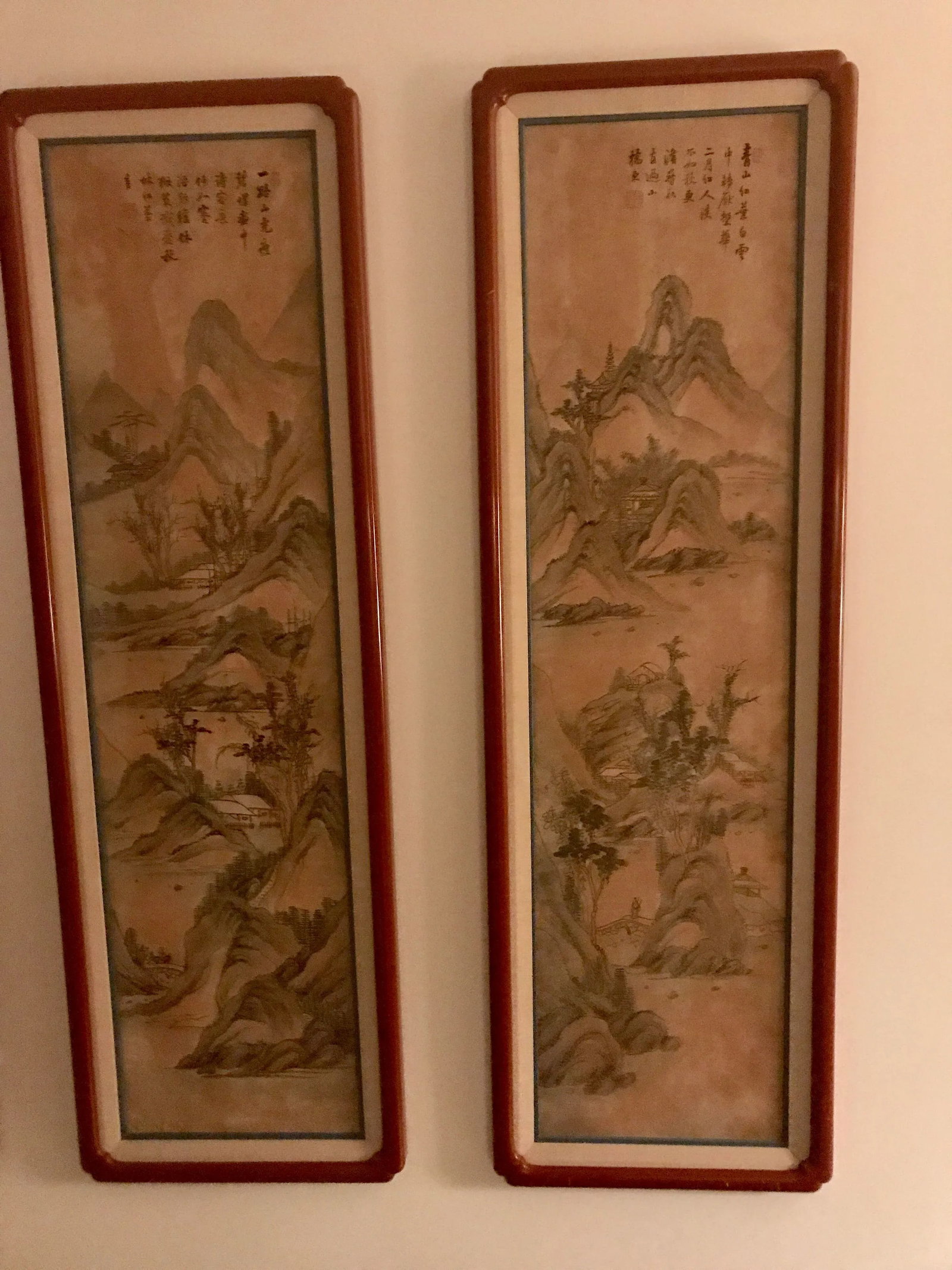 Red Lacquer Framed Chinese Landscape Silk Panels - Set of 8 - 2