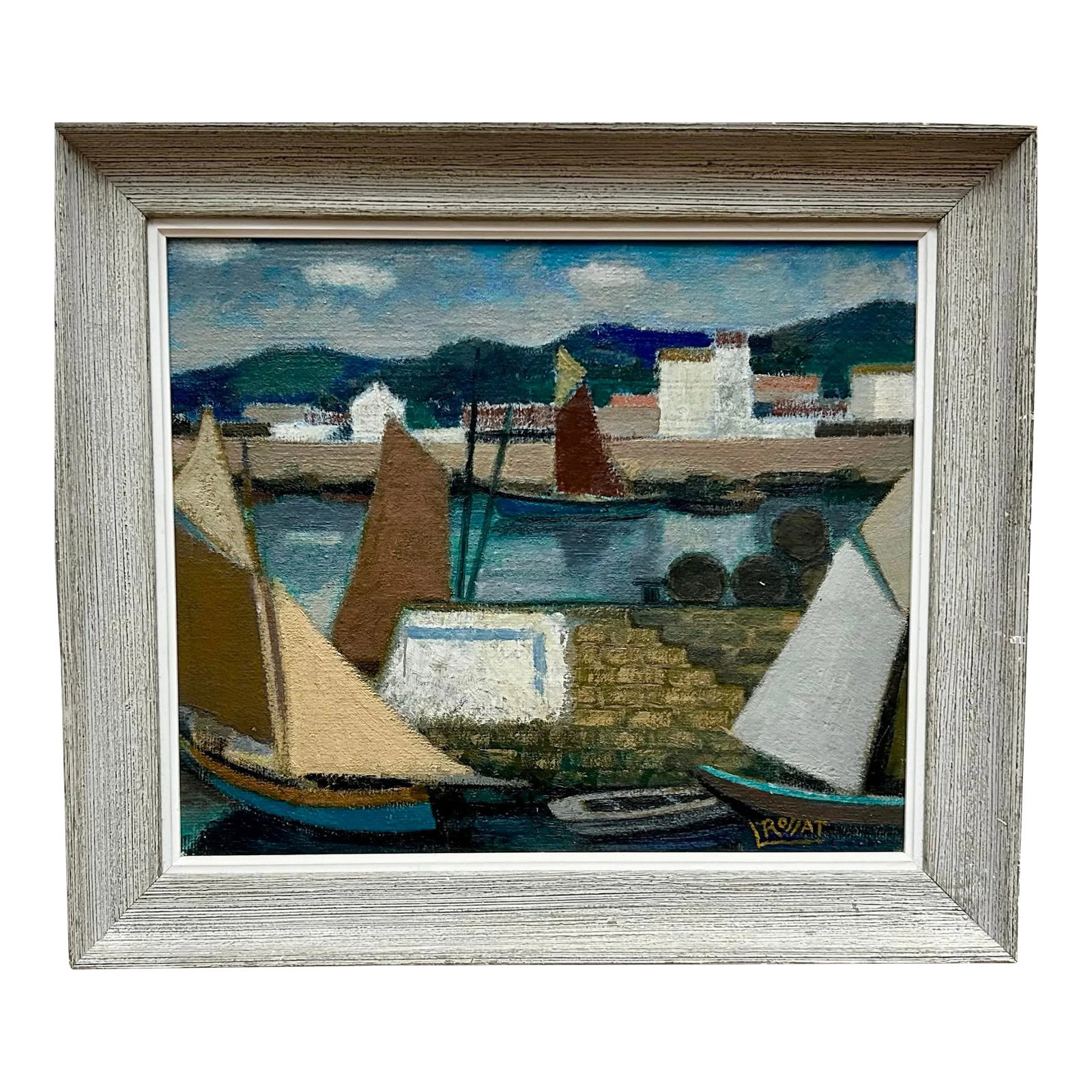 Mid-Century Harbor Scene Oil Painting by Rossat (1 of 11)