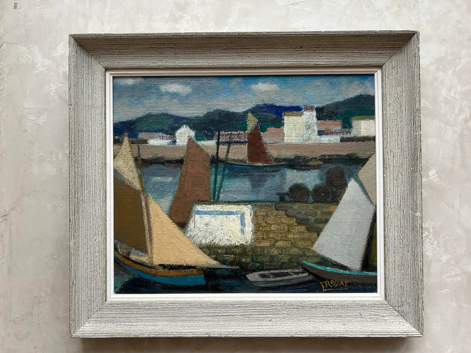 Mid-Century Harbor Scene Oil Painting by Rossat - 2