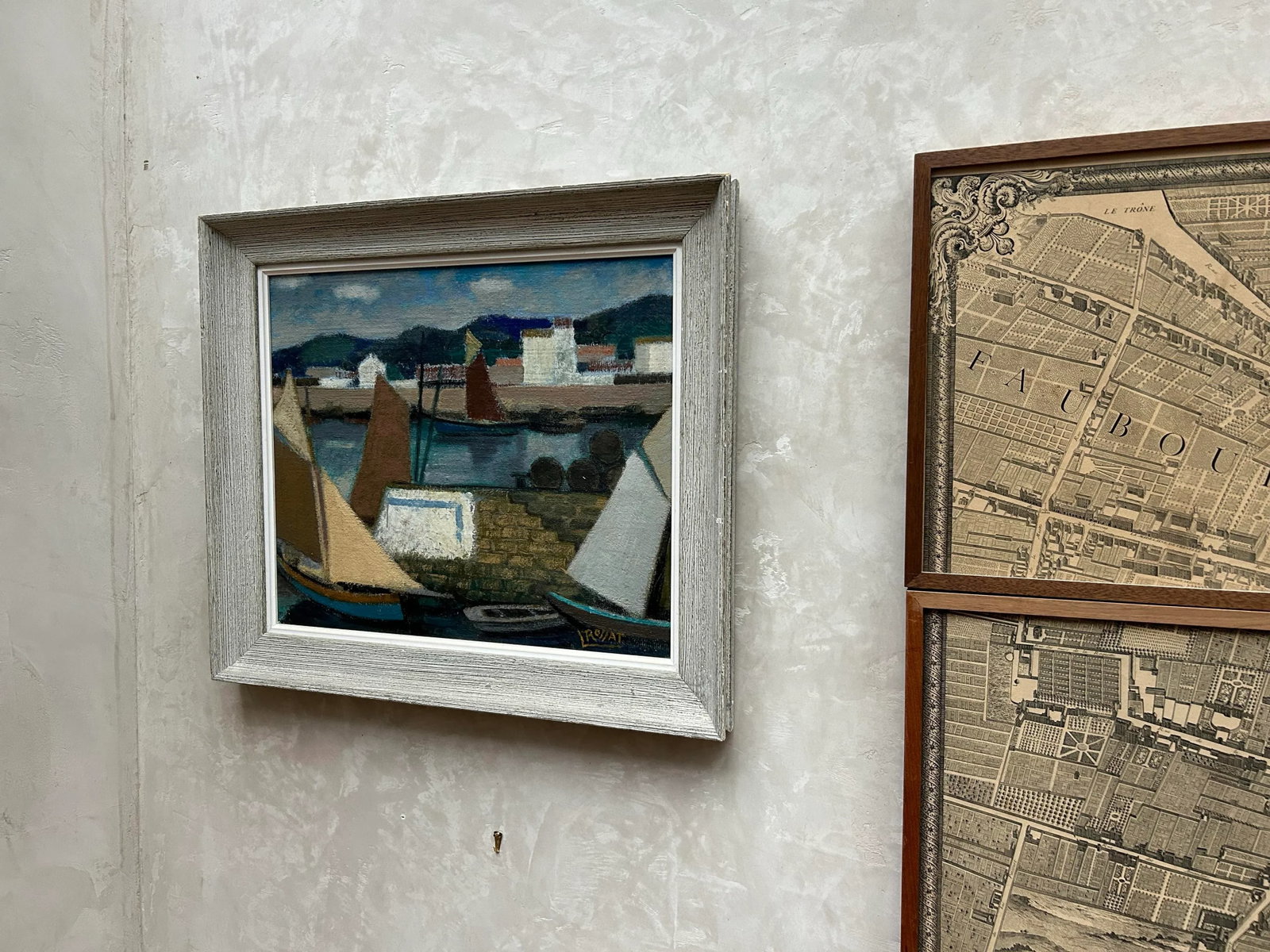 Mid-Century Harbor Scene Oil Painting by Rossat - 3