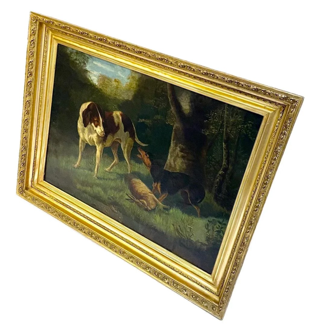Antique Hunt Scene Dogs in the Forest Painting - 2