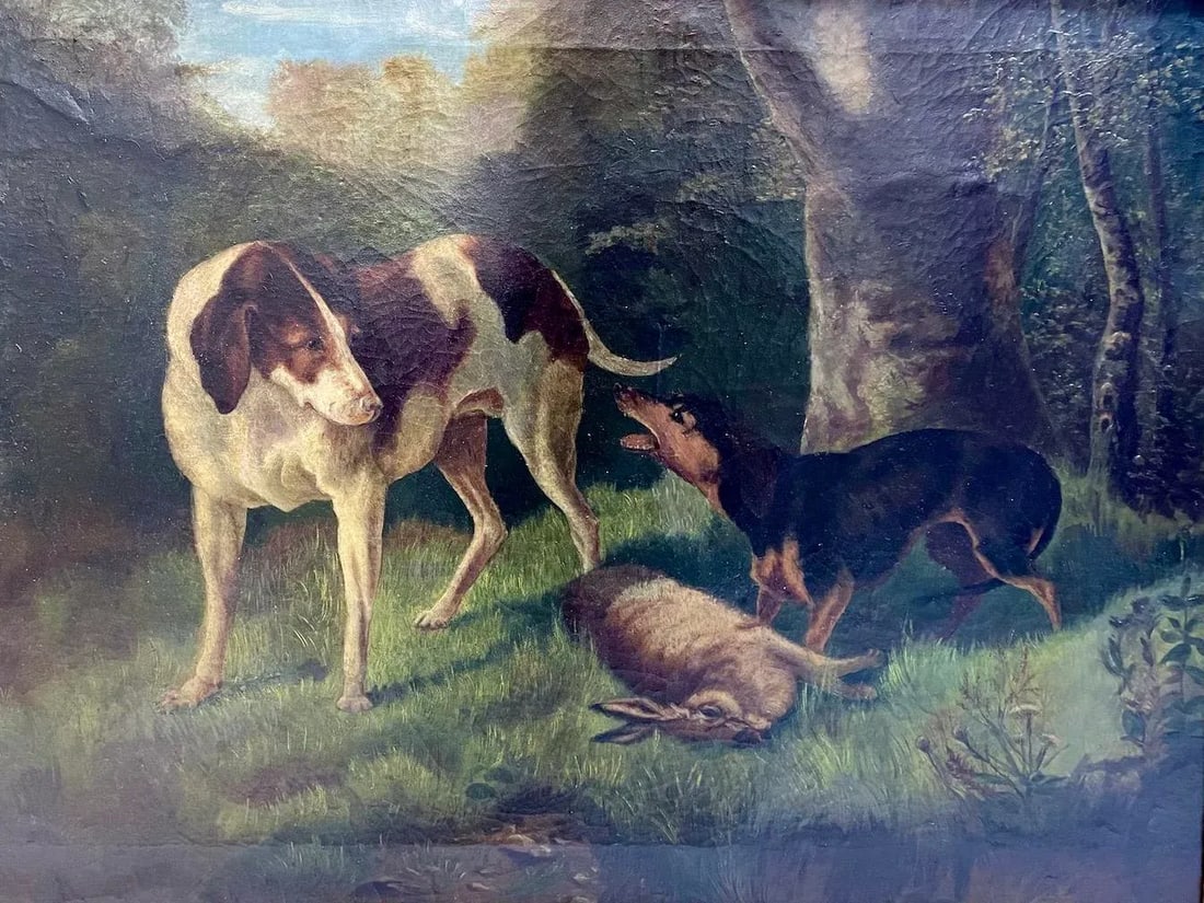 Antique Hunt Scene Dogs in the Forest Painting - 3