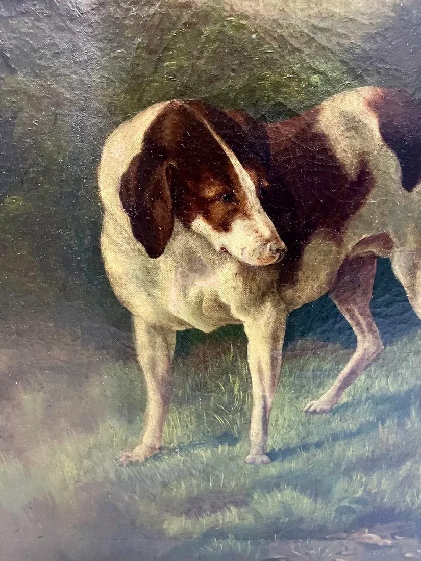 Antique Hunt Scene Dogs in the Forest Painting - 4