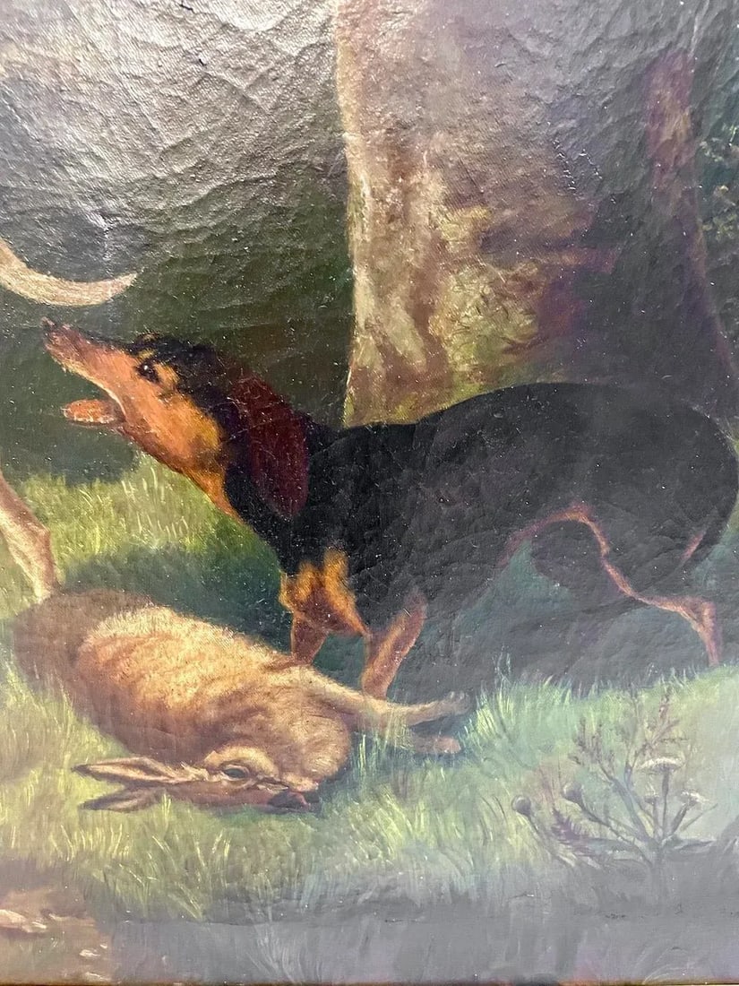 Antique Hunt Scene Dogs in the Forest Painting - 5