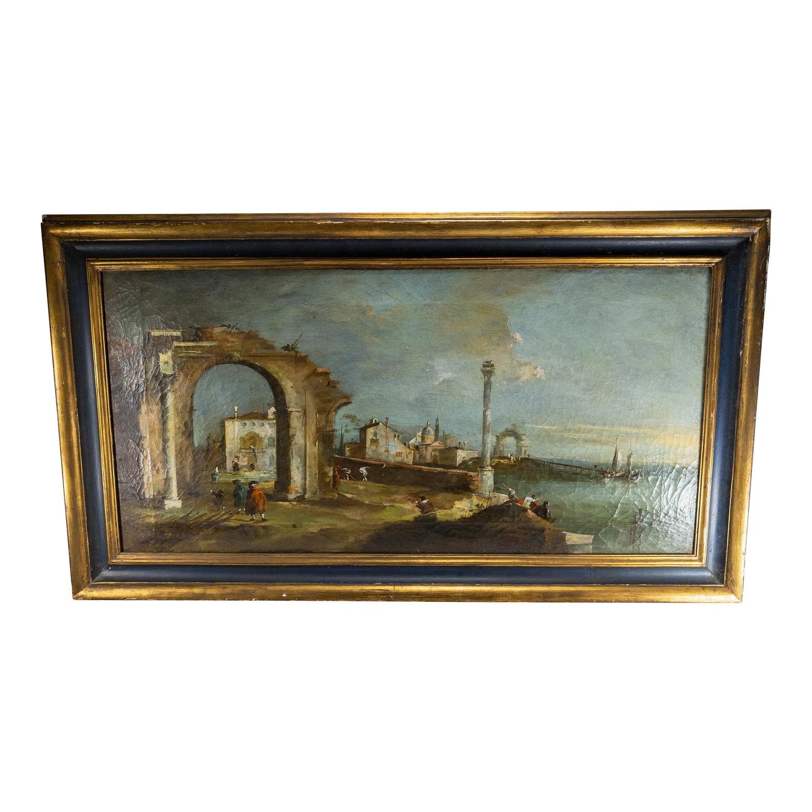 19th Century Italian Capriccio Architectural Landscape Oil Painting After Francesco Guardi: We are selling this large Italian classical style landscape Capriccio painting. The painting is very much in the style of Francisco or Giacomo Guardi, who painted very similar scenes. We believe it is