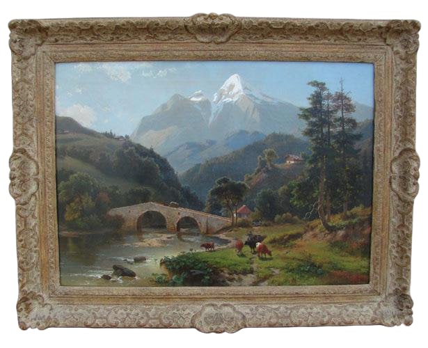 Late 19th Century Vintage Alpine Landscape Oil Painting by Jacobus Nicolaus Tjarda Van Starckenborgh: A fine Alpine landscape image by Jacobus Nicolaus Tjarda Van Starckenborgh 1822-1895. He was active in Germany and was known for landscape and marine works. Condition is excellent. Signed lower