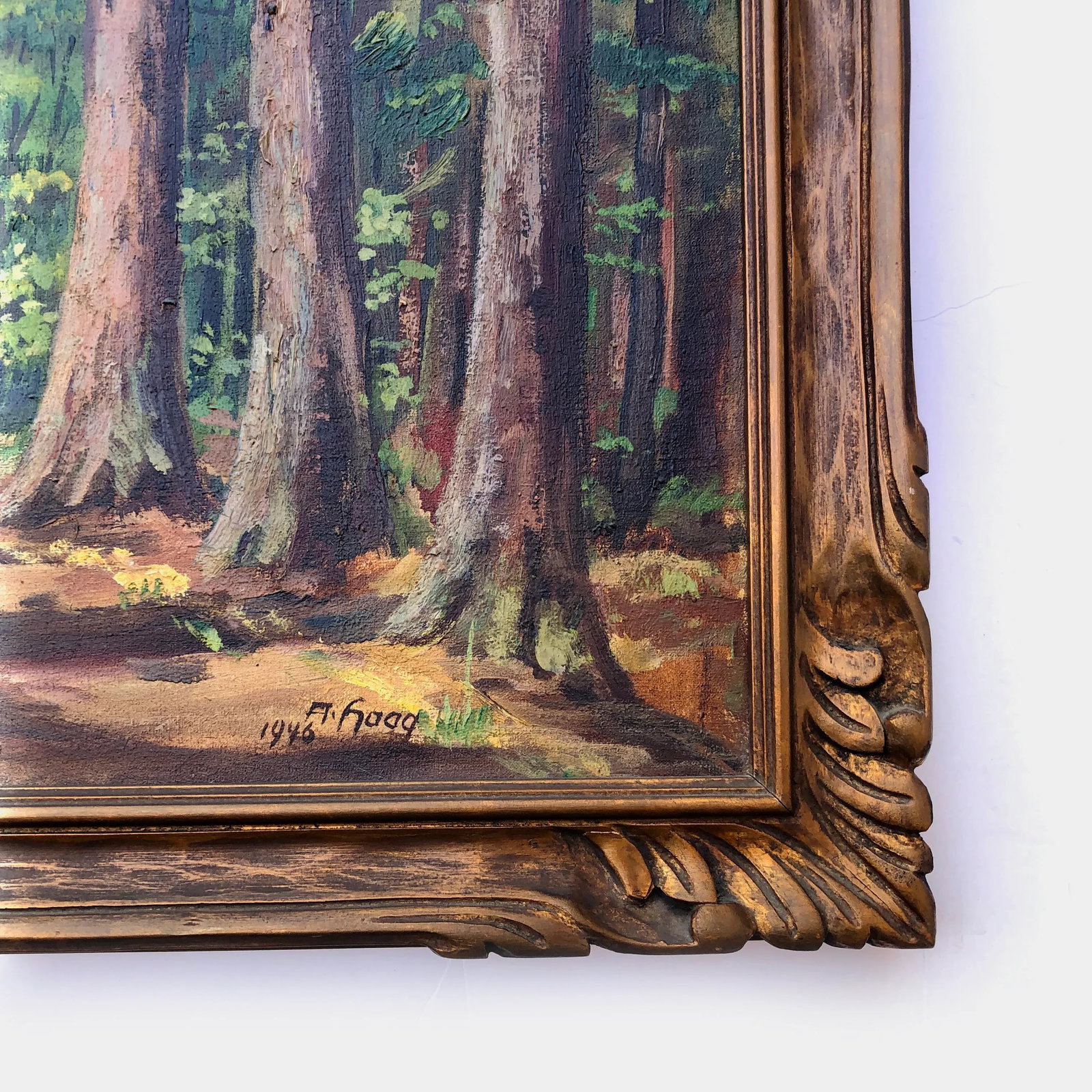 Mid 20th Century Forest Painting With Hand Carved Gold Frame - 2