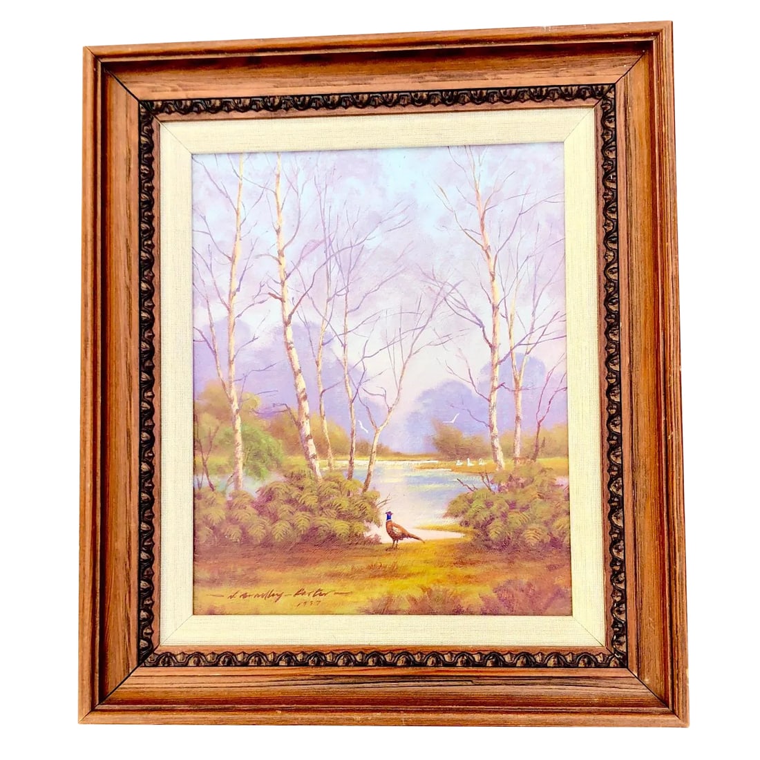 20th Century Vintage Landscape & Bird Oil Painting: A small oil on panel depicting a pheasant forraging in an opening among trees near a stream. The work is signed and dated 1957. Condition is very good. Site size: 10 1/4" High by 8 1/4" Condition: