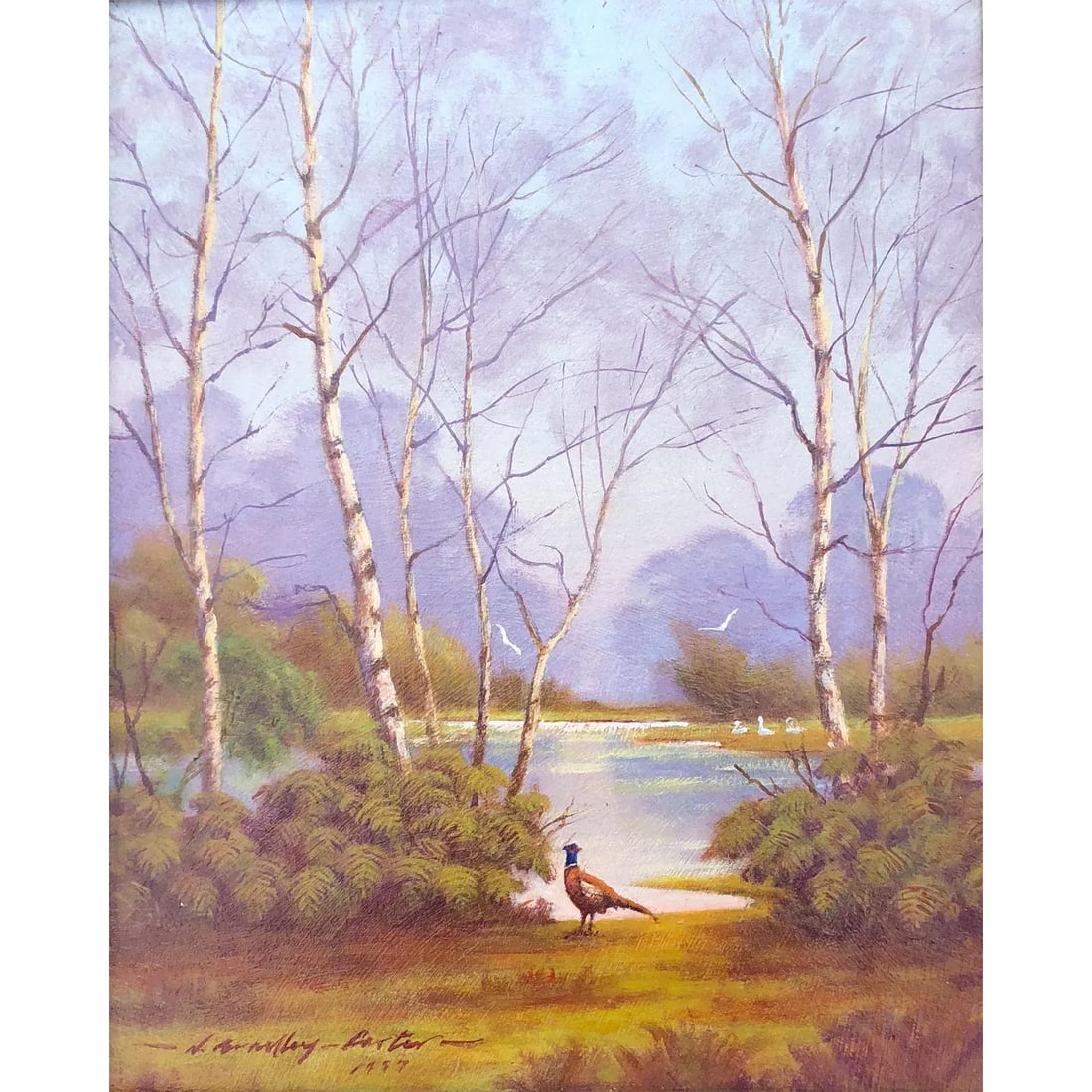 20th Century Vintage Landscape & Bird Oil Painting - 2