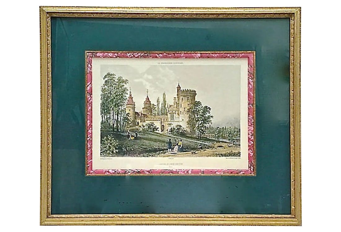 Late 19th Century Antique Normandy Chateau Engraving Print: Antique Normandy chateau engraving displayed in a vintage giltwood frame. Double matted. Marked "La Normandie Illustree, Fx Benoist del, Chateau De Conde-Sur-Iton (Eure), Lith Charpentier Edit Nantes,