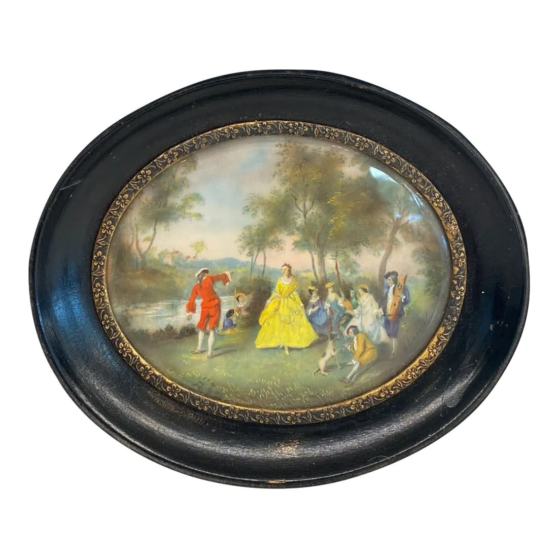 Late 18th Century Early French Miniature Romantic Figural Oil Painting in Ebonized Frame: Just in from France: framed miniature portrait of a group of finely dressed gentlemen and ladies, realized with impeccable, exceptional and thorough details in oil. Shipping Included! DETAILS