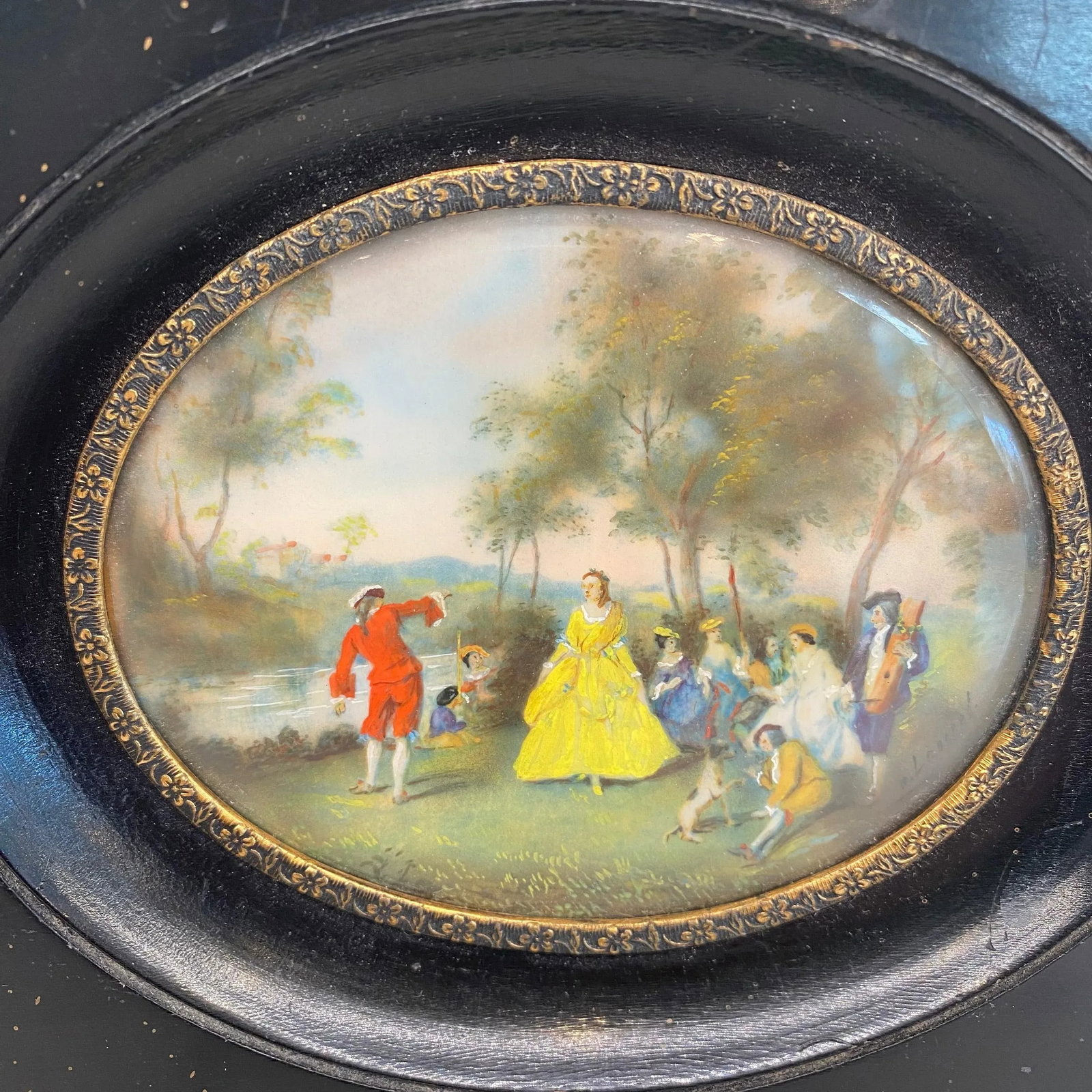 Late 18th Century Early French Miniature Romantic Figural Oil Painting in Ebonized Frame - 2