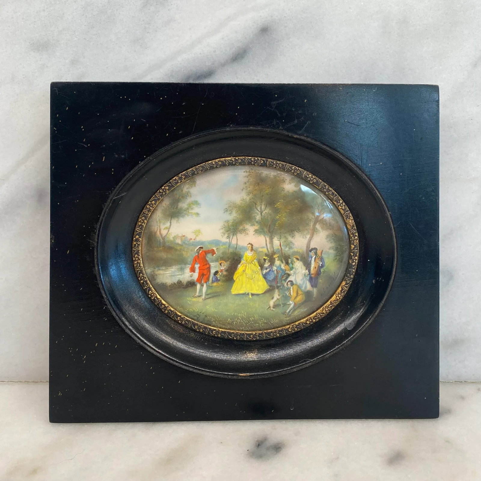 Late 18th Century Early French Miniature Romantic Figural Oil Painting in Ebonized Frame - 3
