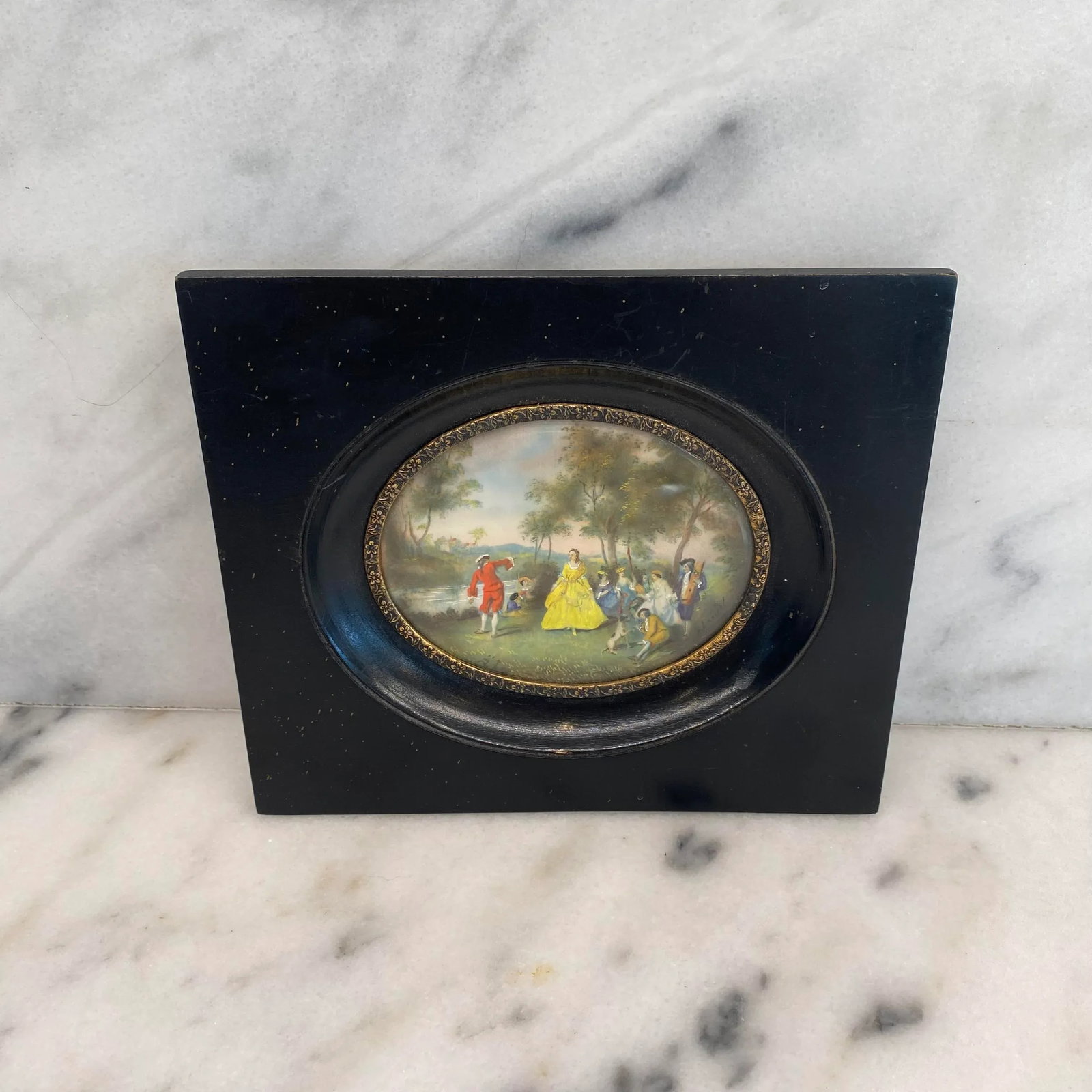 Late 18th Century Early French Miniature Romantic Figural Oil Painting in Ebonized Frame - 4
