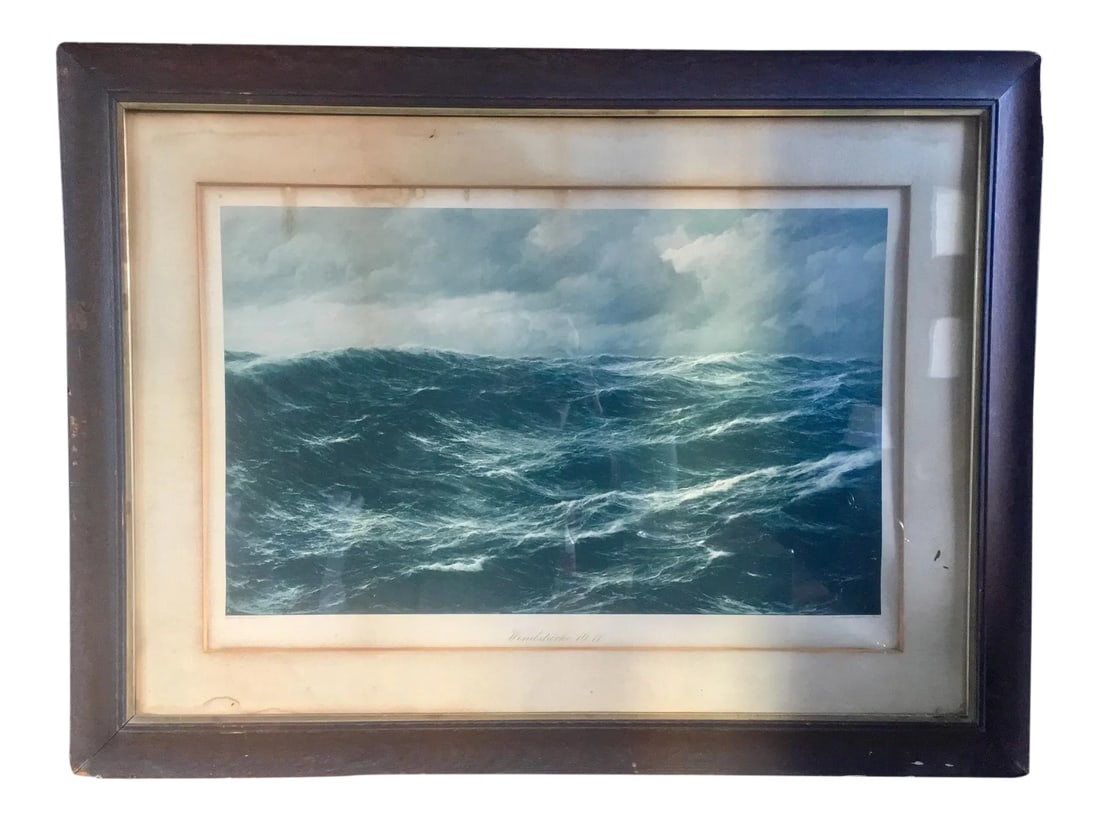 Large "Windstarke 10-11e Framed Print: After Hugo Schnars-Alquist (German 1855-1939) 'Windstarke 10-11' marine colour print after the original painting 1906. Translates as windspeed 10-11 or storm force winds. Lithographie von Meisenbach-R