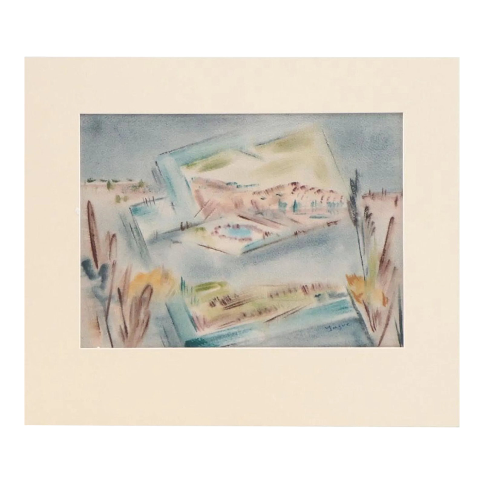 Original Vintage Signed Yngve H. Olsen Modernist Southwest Landscape Watercolor Painting (1 of 9)