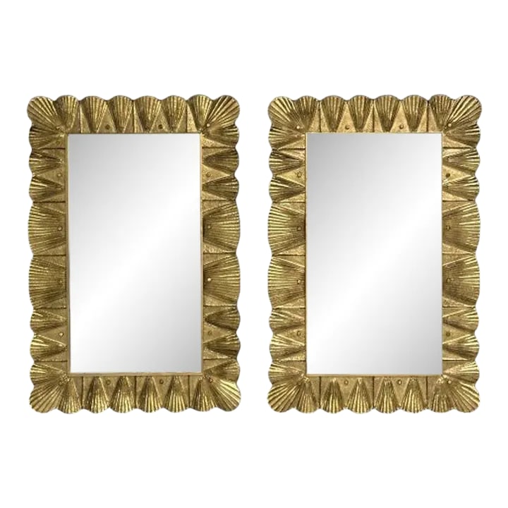 Modern, Italian Wall Mirrors, Scallop Motif, Murano Glass, Gold Gilt: Contemporary, Modern Rectangular Wall Mirrors, Scallop Motif, Murano Glass, Gold Gilt, Italy, 2020s Pair of rectangular wall mirrors having a scallop motif designed and produced in Italy. Each mirror 