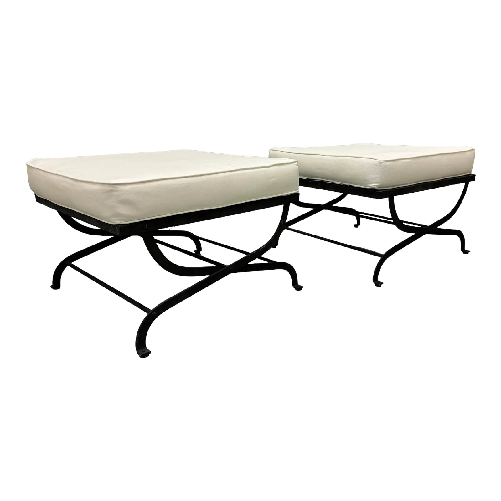 Iron Curule Lattice Top Ottomans W" New Cushions: Pair of Iron lattice top curule style ottomans. Great as extra side seating. All new 5" thick cushions recovered in Quadrille all weather white fabric. Heavy substantial pieces, great around a pool or