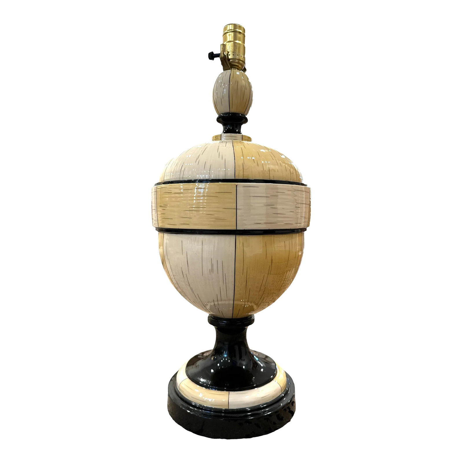 Jean Rogers Style Faux Ivory Lamp: Faux ivory and black porcelain large table lamp. In the style of Jean Rogers. All new electrical components to meet US standards. Height to top of lamp socket is 22". Height to top of finial is 33".
