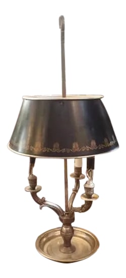 1960s Vintage French Bouillotte Lamp: Silver plated French bouillotte lamp with tole shade. The piece is from the 1960s. Condition: Alterations: Original Condition Unaltered Imperfections: Some Imperfections Condition Notes: Excellent!