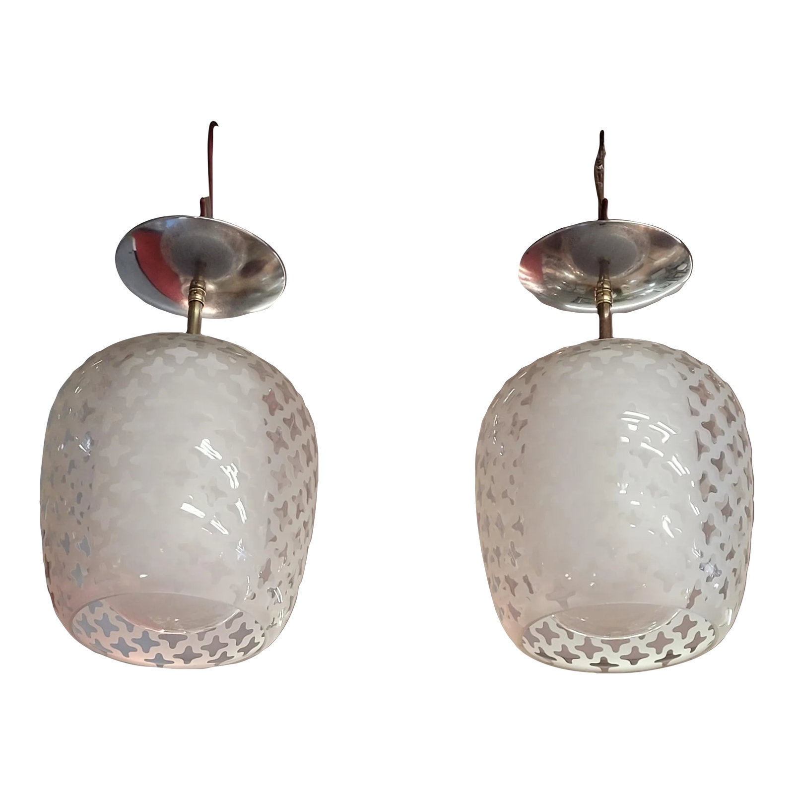 Pair Lightolier Pendant Lights Vintage 1960s: Pair of vintage Lightolier 1960's pendant lamps. Frosted outer glass shade with a pattern of transparent cross motifs. Inner opaque/milk glass shade, slightly ovoid shape where bulb is discreetly