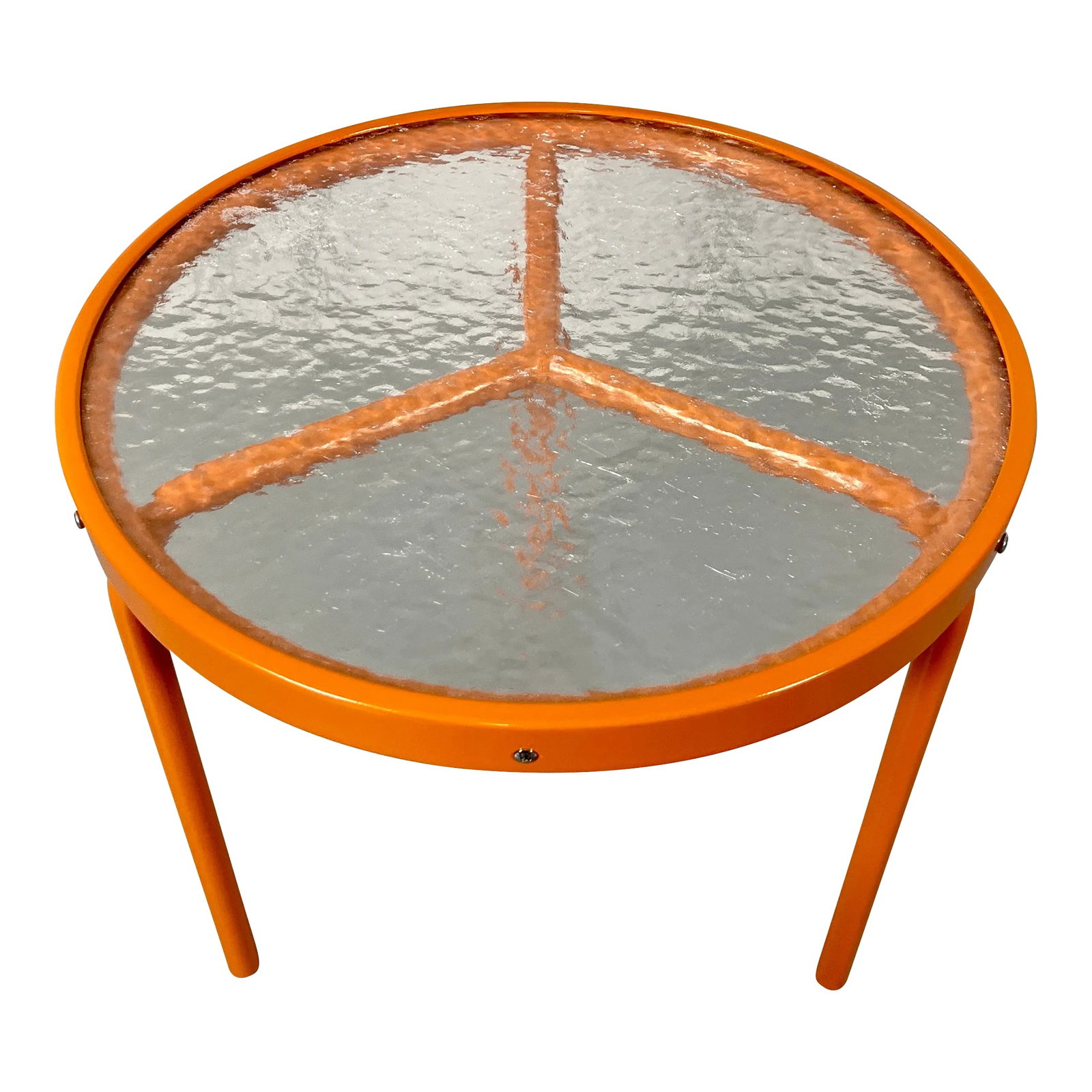 1960s Brown Jordan Side Table, Attributed: Round three legged side table newly powder coated in citrus orange. This table has the Peace symbol design where the three legs come together. Original pebble acrylic top does show some wear. No