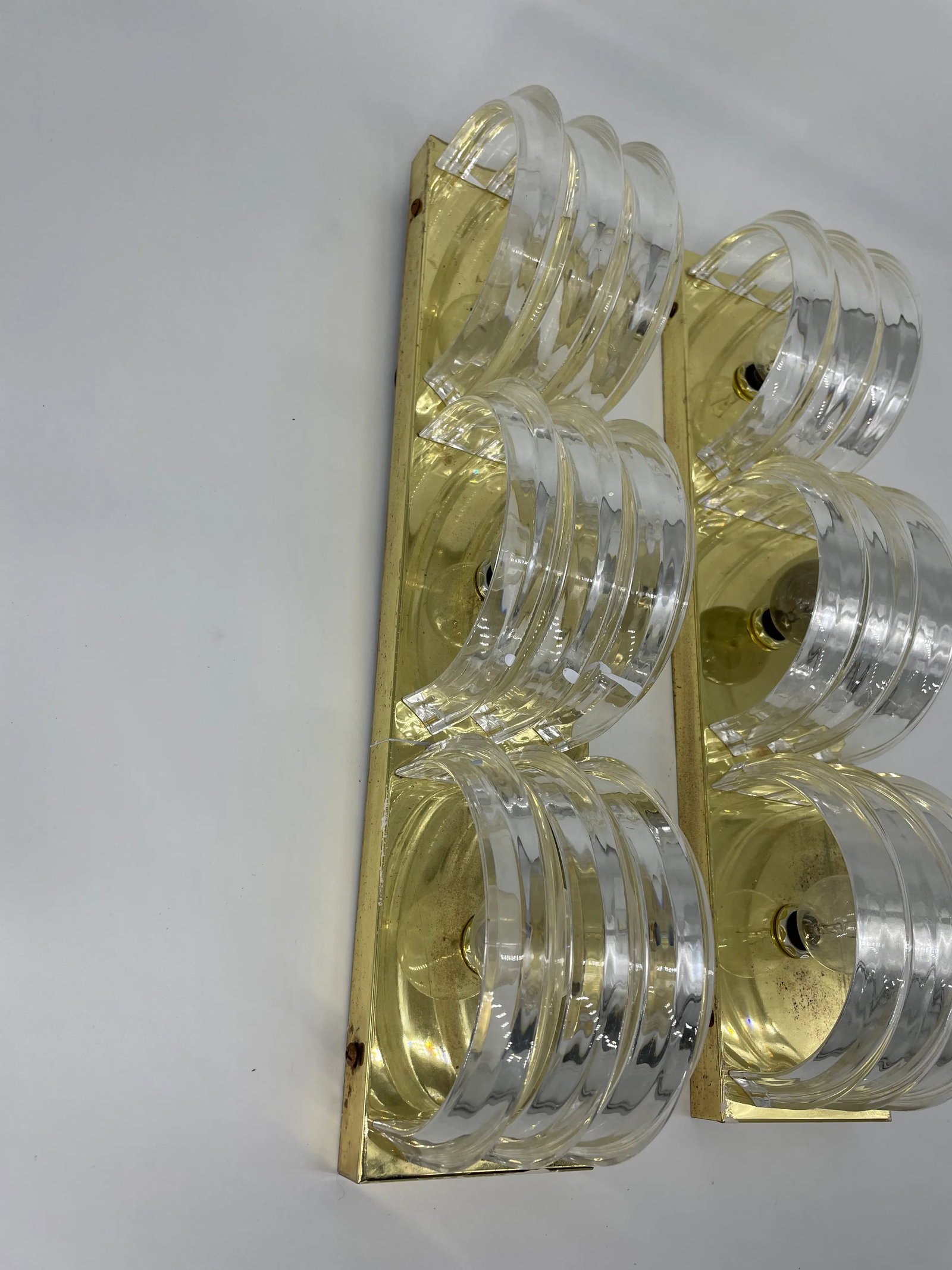Midcentury Modern Brass & Stacked Lucite Three Light Wall Sconces - a Pair - 2